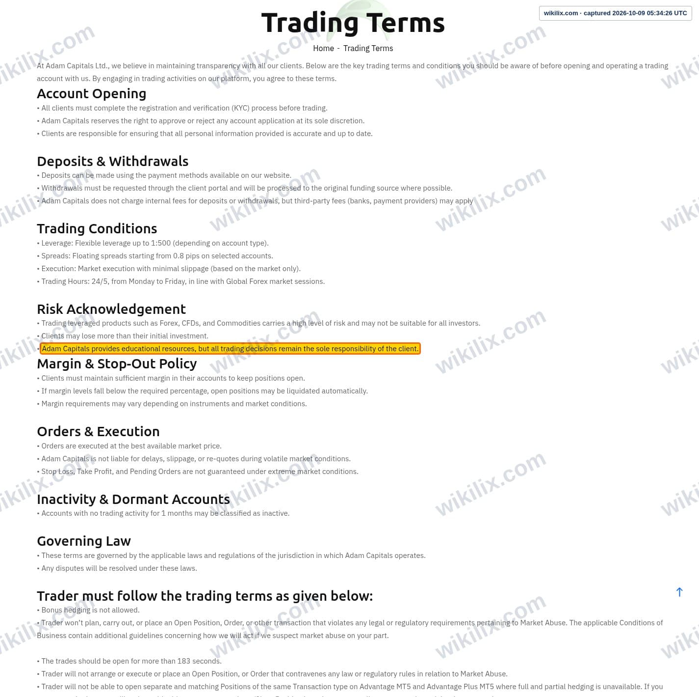 Our full page screenshot of the page this clause sits on, on Adam Capitals's site adamcapitals.com, taken on Oct 9, 2026. The quoted words are marked in the image.