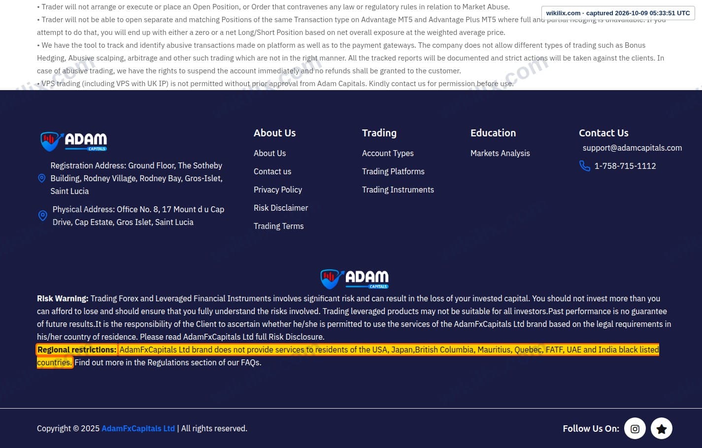 Our full page screenshot of the page this clause sits on, on Adam Capitals's site adamcapitals.com, taken on Oct 9, 2026. The quoted words are marked in the image.