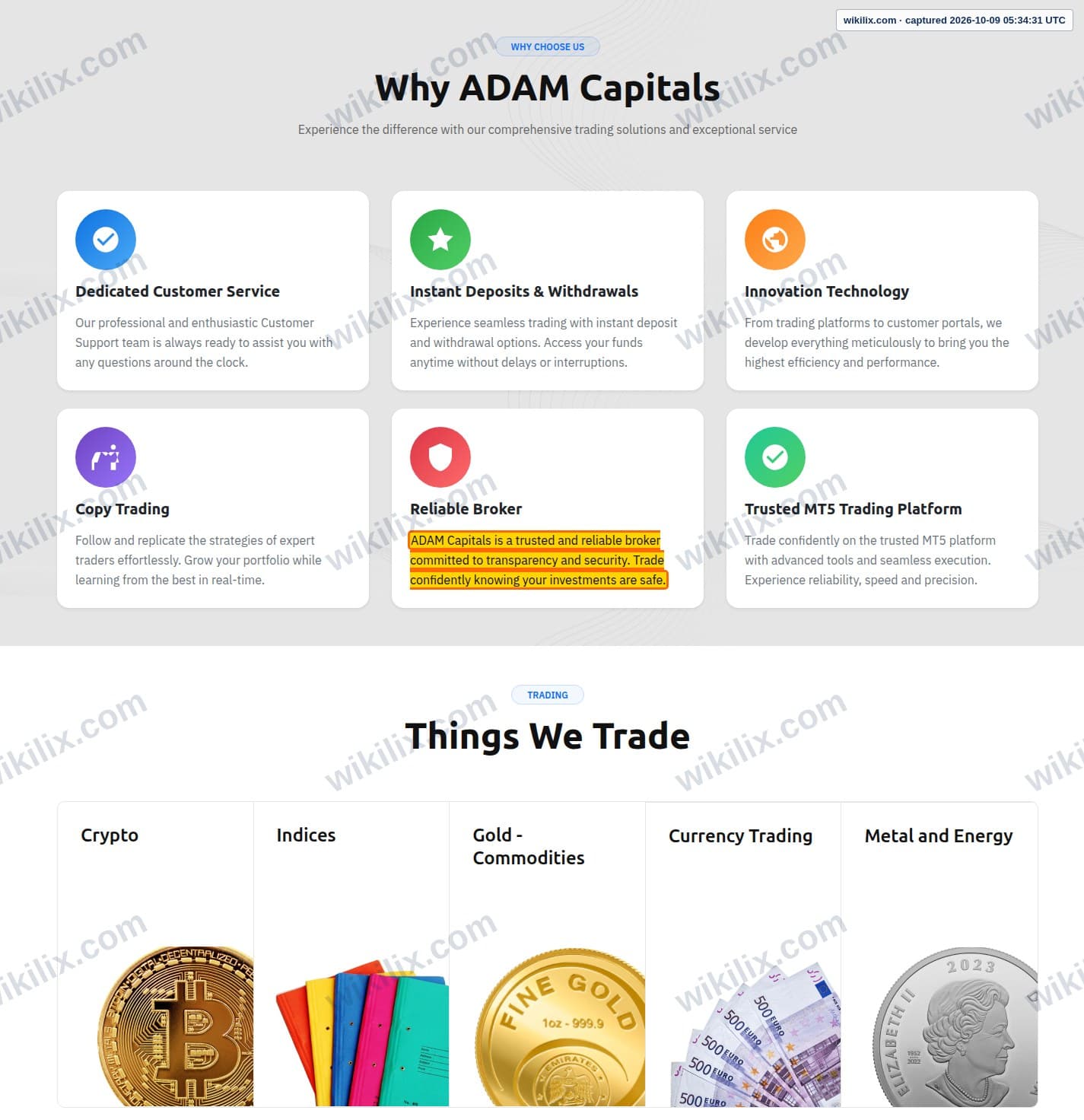 Our full page screenshot of the page that makes this promise, on Adam Capitals's site adamcapitals.com, taken on Oct 9, 2026. The quoted words are marked in the image.