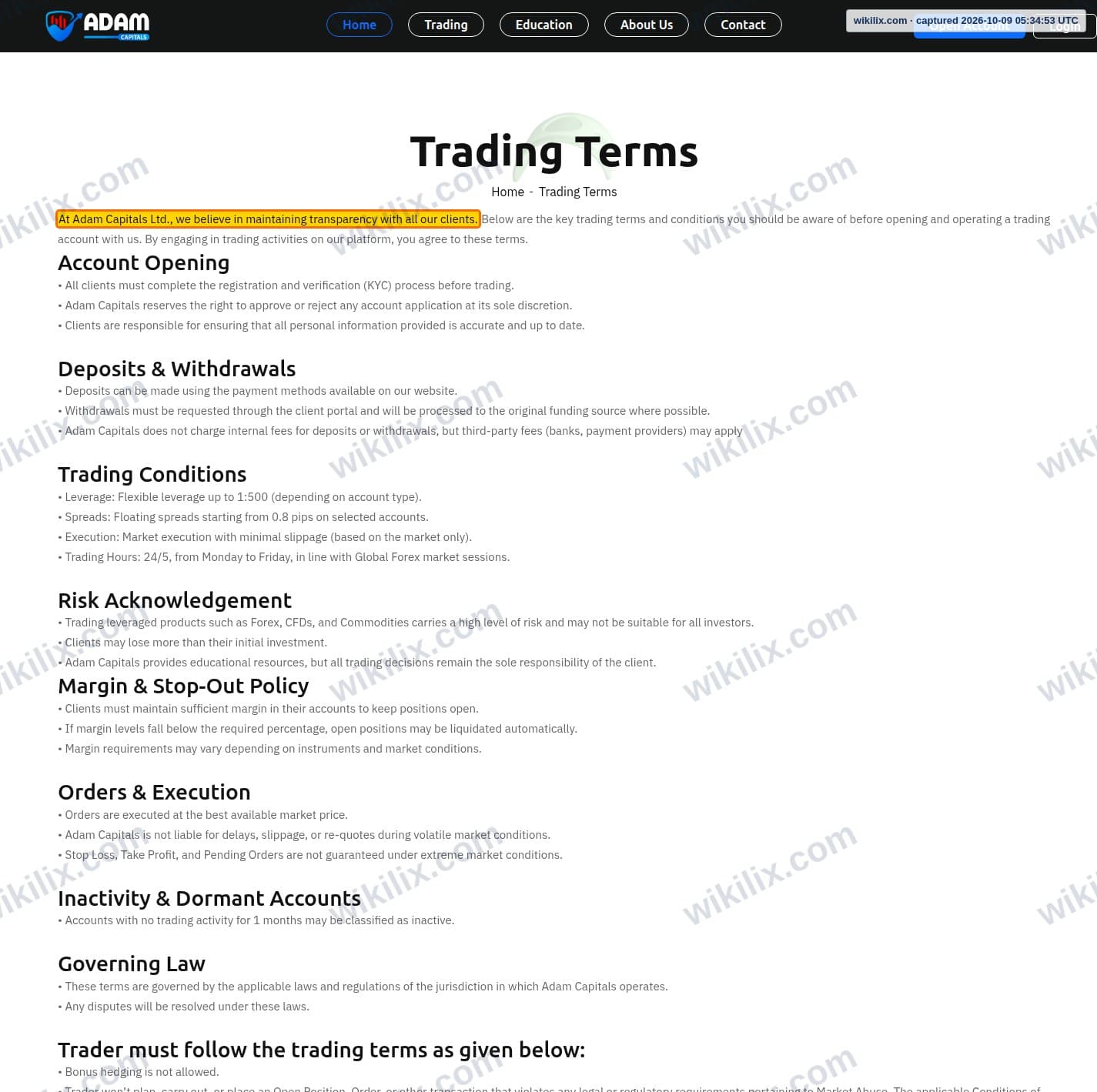 Our full page screenshot of the page this clause sits on, on Adam Capitals's site adamcapitals.com, taken on Oct 9, 2026. The quoted words are marked in the image.