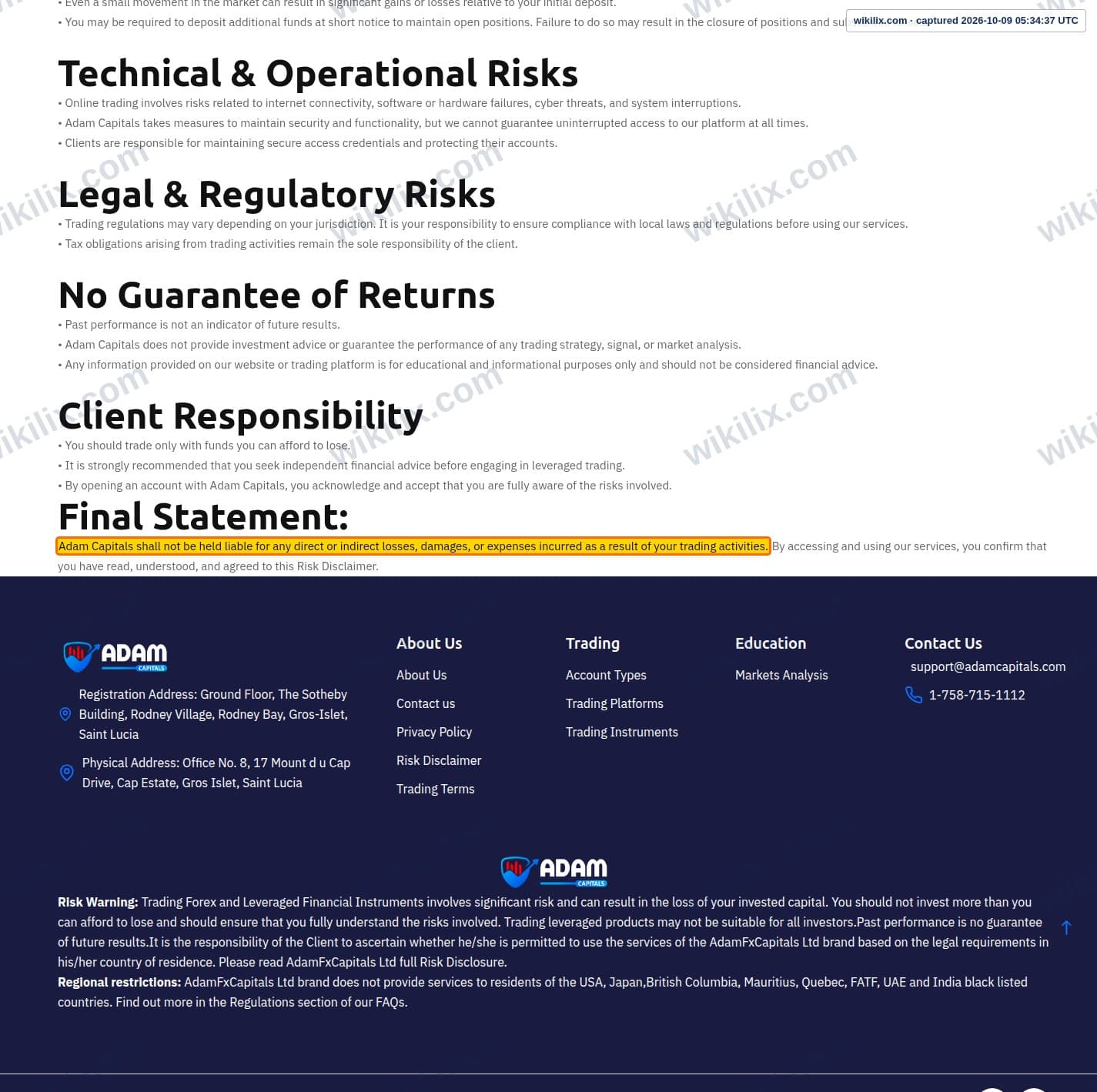 Our full page screenshot of the page this clause sits on, on Adam Capitals's site adamcapitals.com, taken on Oct 9, 2026. The quoted words are marked in the image.