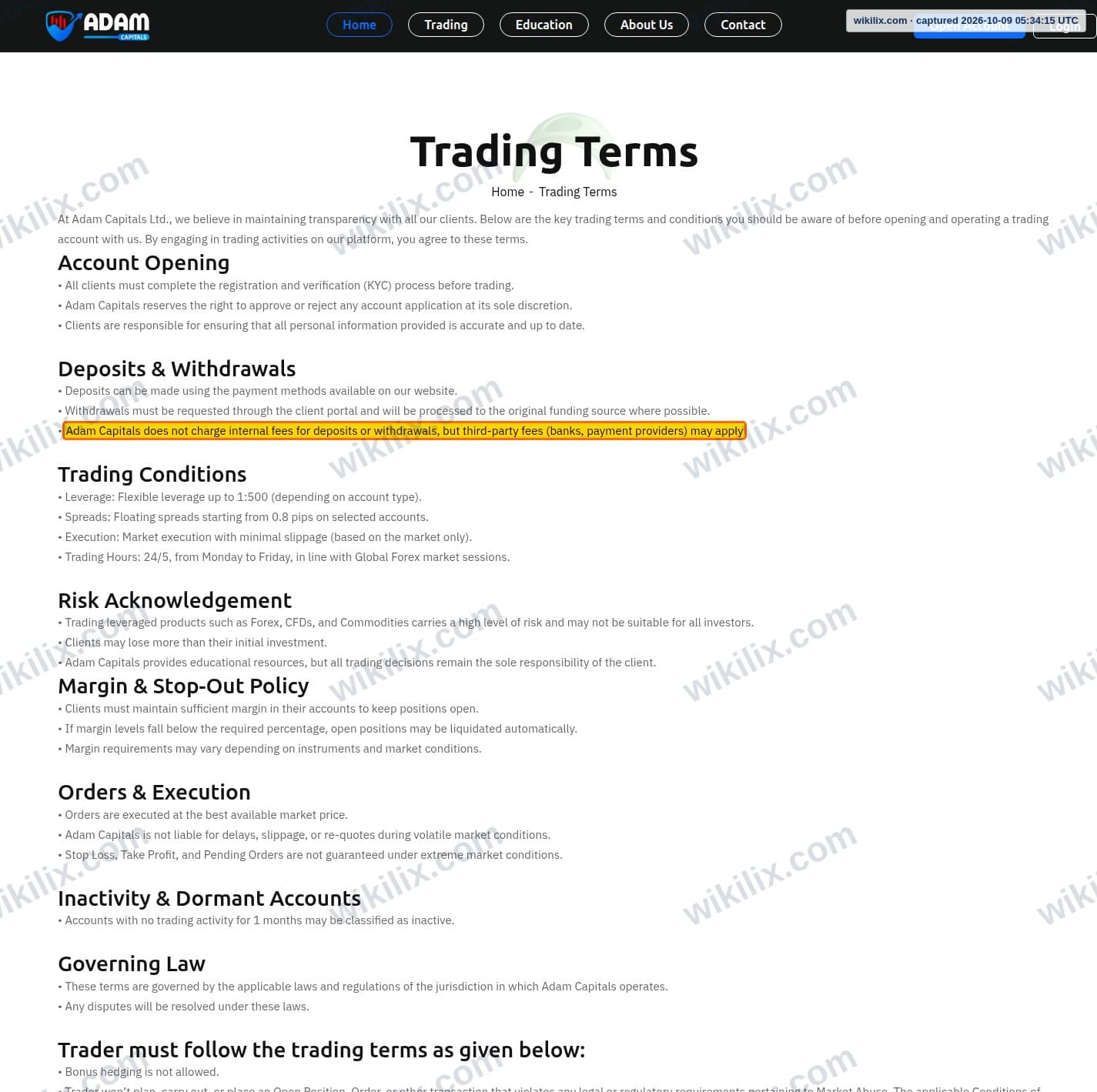Our full page screenshot of the page this clause sits on, on Adam Capitals's site adamcapitals.com, taken on Oct 9, 2026. The quoted words are marked in the image.