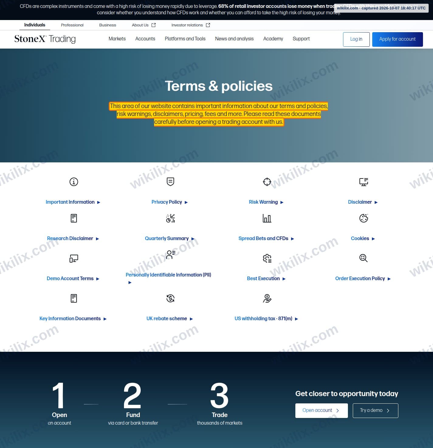 Our full page screenshot of the page that makes this promise, on StoneX's site stonex.com, taken on Oct 7, 2026. The quoted words are marked in the image.