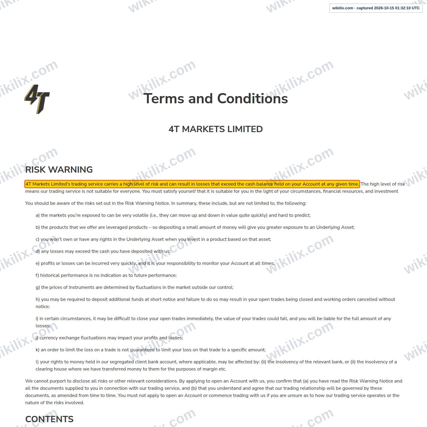 Our full page screenshot of the page this clause sits on, on 4T's site 4t.co.uk, taken on Oct 15, 2026. The quoted words are marked in the image.