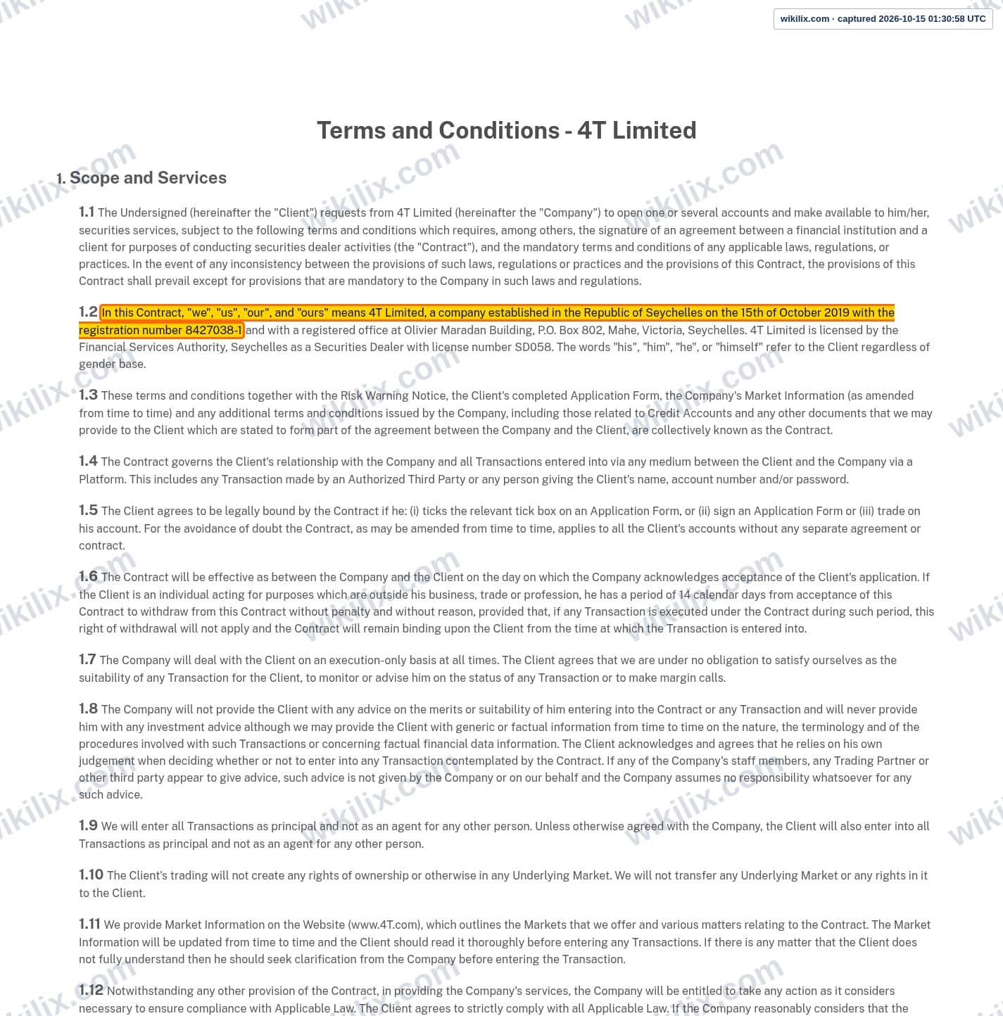 Our full page screenshot of the page this clause sits on, on 4T's site 4t.com, taken on Oct 15, 2026. The quoted words are marked in the image.