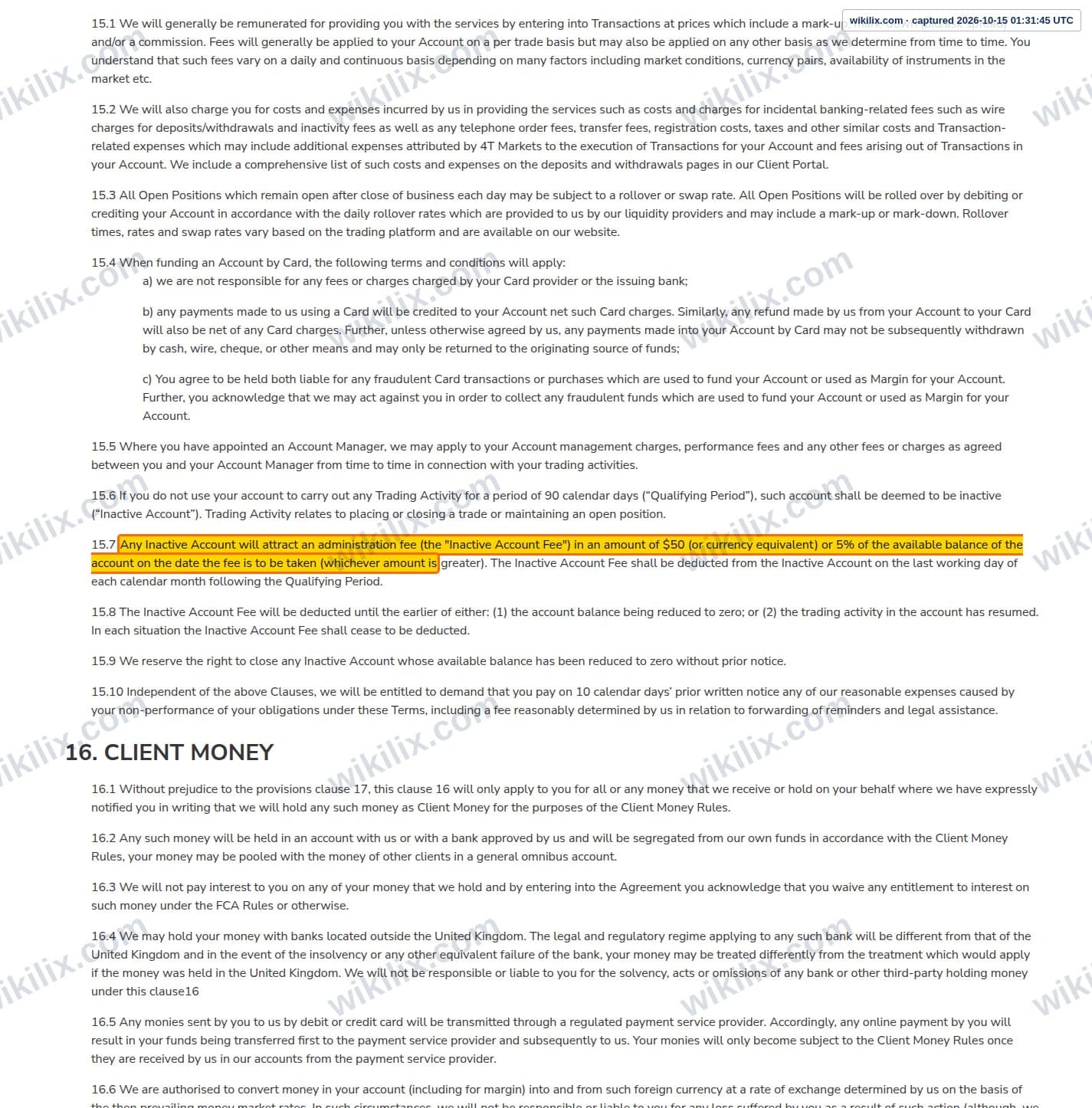 Our full page screenshot of the page this clause sits on, on 4T's site 4t.co.uk, taken on Oct 15, 2026. The quoted words are marked in the image.