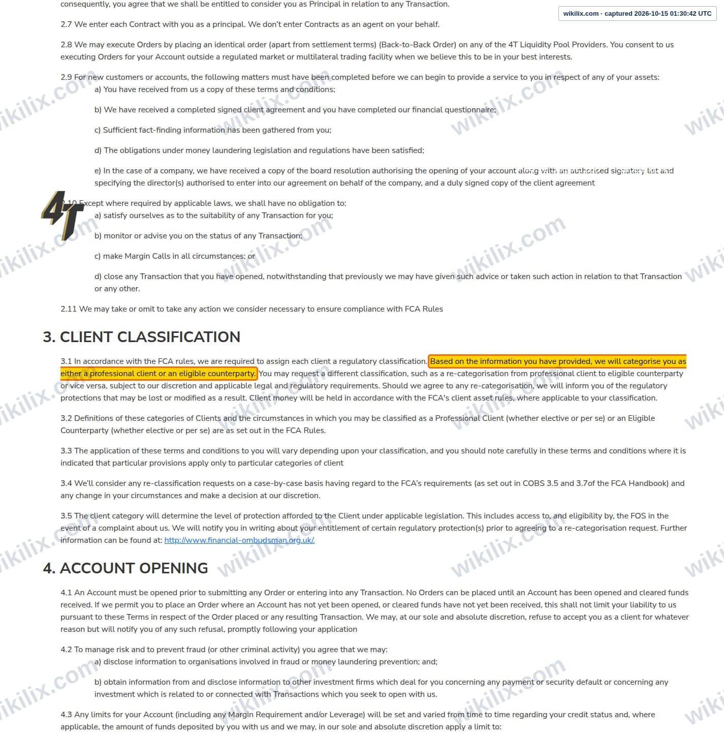 Our full page screenshot of the page this clause sits on, on 4T's site 4t.co.uk, taken on Oct 15, 2026. The quoted words are marked in the image.