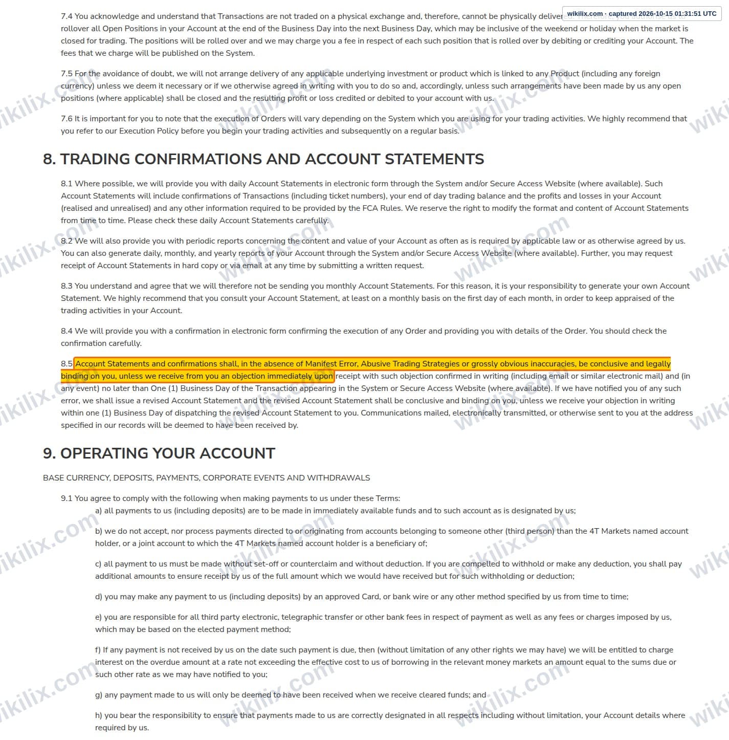 Our full page screenshot of the page this clause sits on, on 4T's site 4t.co.uk, taken on Oct 15, 2026. The quoted words are marked in the image.
