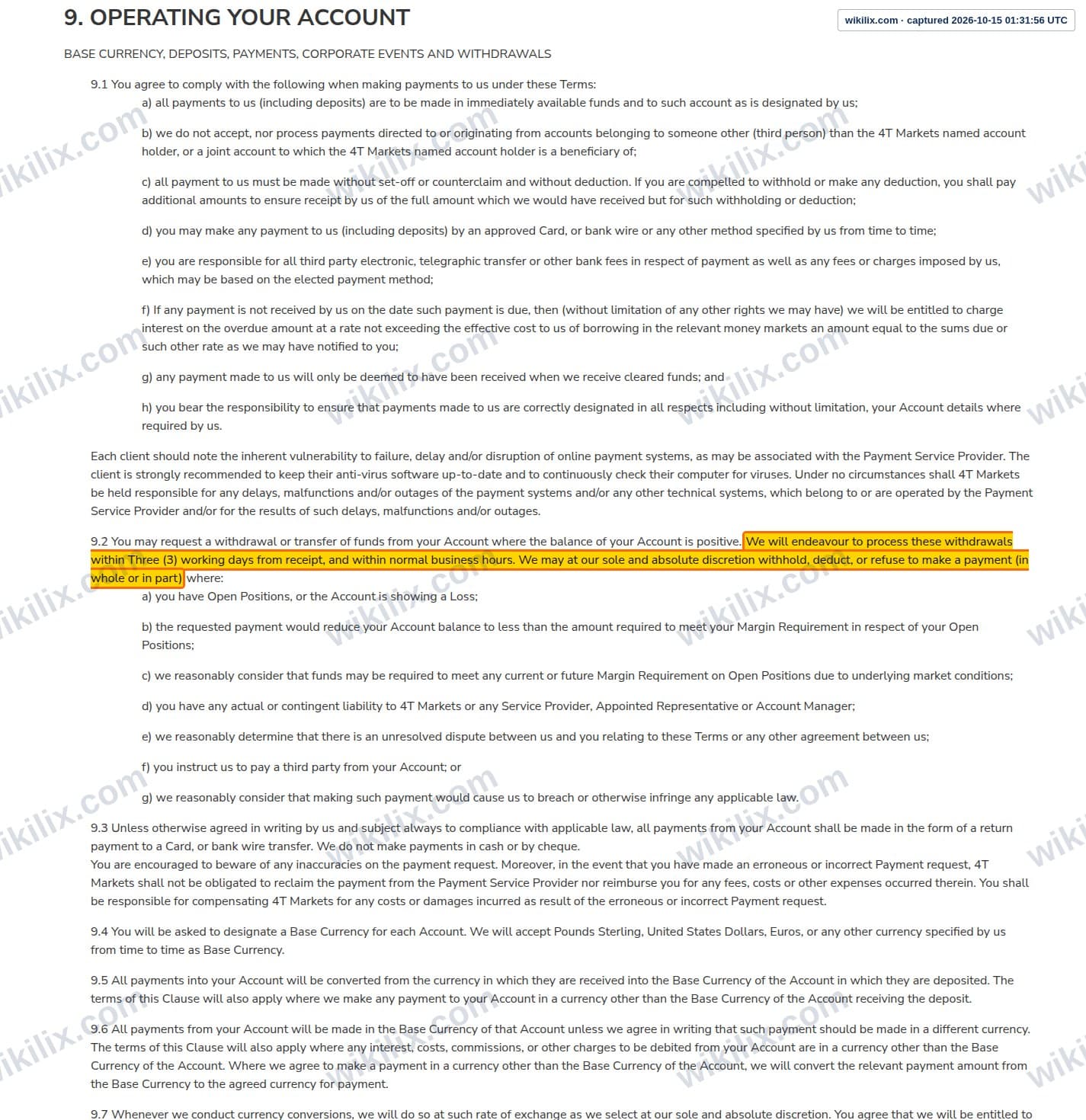 Our full page screenshot of the page this clause sits on, on 4T's site 4t.co.uk, taken on Oct 15, 2026. The quoted words are marked in the image.