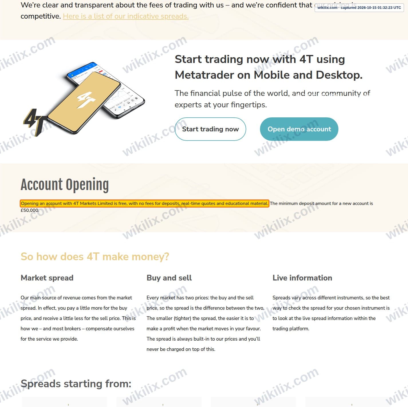 Our full page screenshot of the page that makes this promise, on 4T's site 4t.co.uk, taken on Oct 15, 2026. The quoted words are marked in the image.
