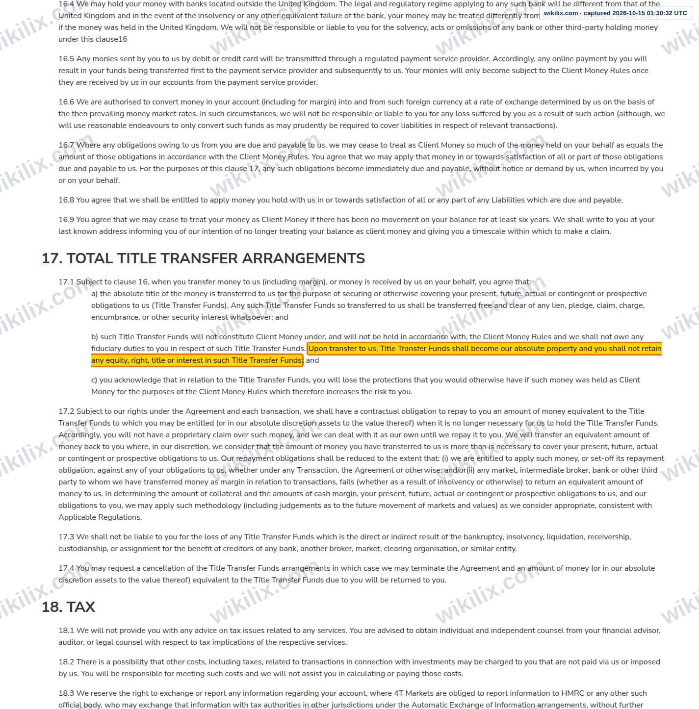 Our full page screenshot of the page this clause sits on, on 4T's site 4t.co.uk, taken on Oct 15, 2026. The quoted words are marked in the image.