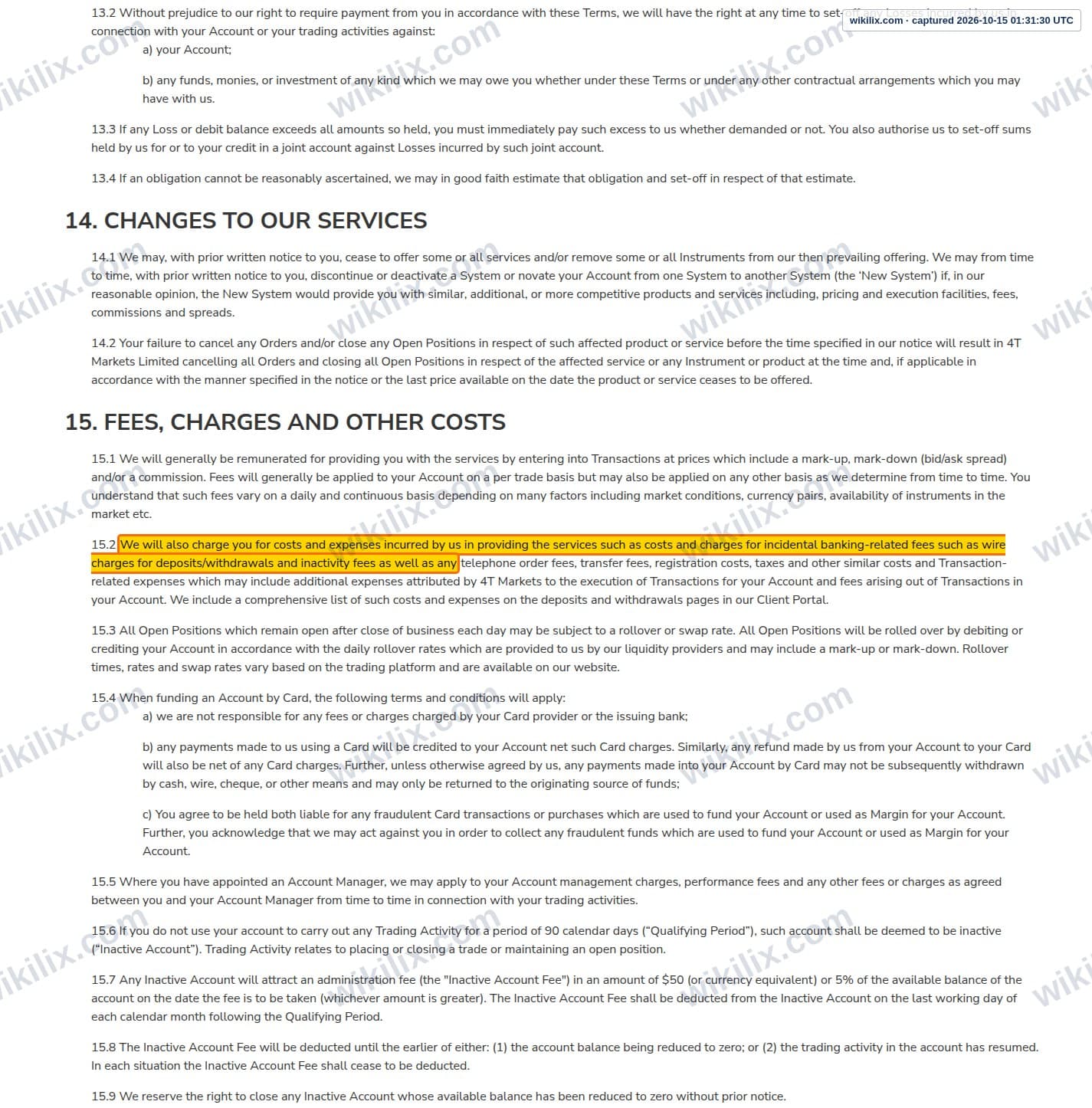 Our full page screenshot of the page this clause sits on, on 4T's site 4t.co.uk, taken on Oct 15, 2026. The quoted words are marked in the image.