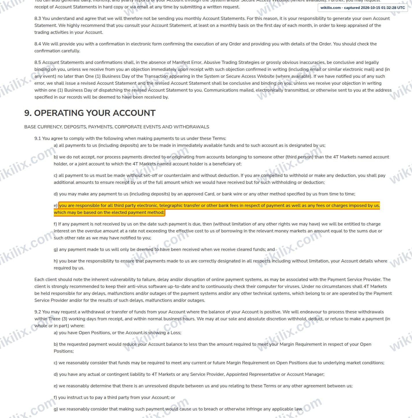 Our full page screenshot of the page this clause sits on, on 4T's site 4t.co.uk, taken on Oct 15, 2026. The quoted words are marked in the image.