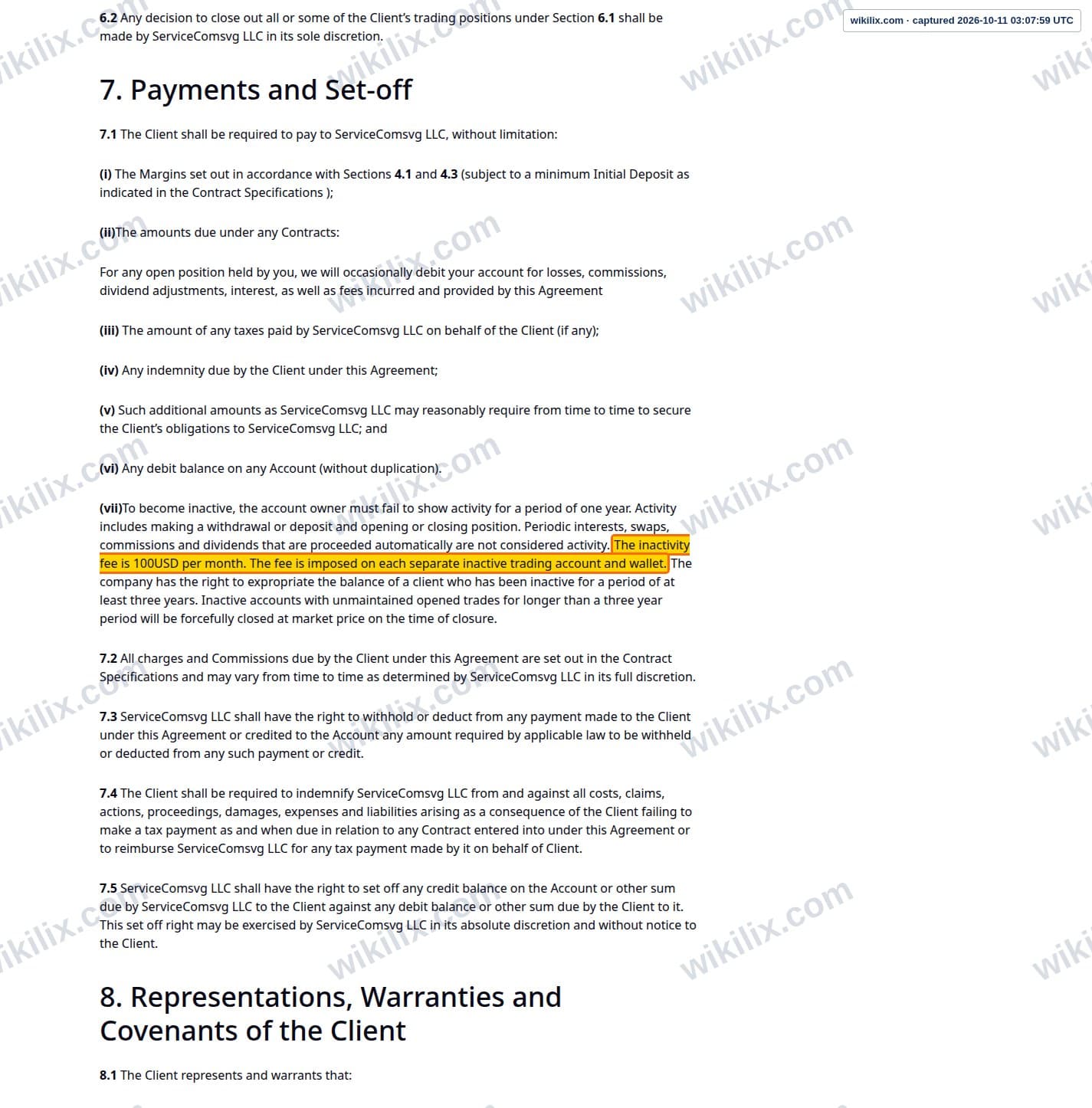 Our full page screenshot of the page this clause sits on, on MTrading's site mtrading.com, taken on Oct 11, 2026. The quoted words are marked in the image.