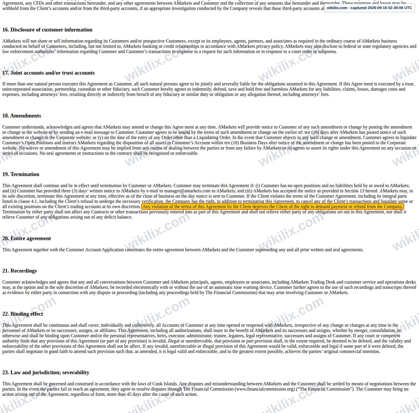Our full page screenshot of the page this clause sits on, on AMarkets's site web.archive.org, taken on Sep 16, 2026. The quoted words are marked in the image.