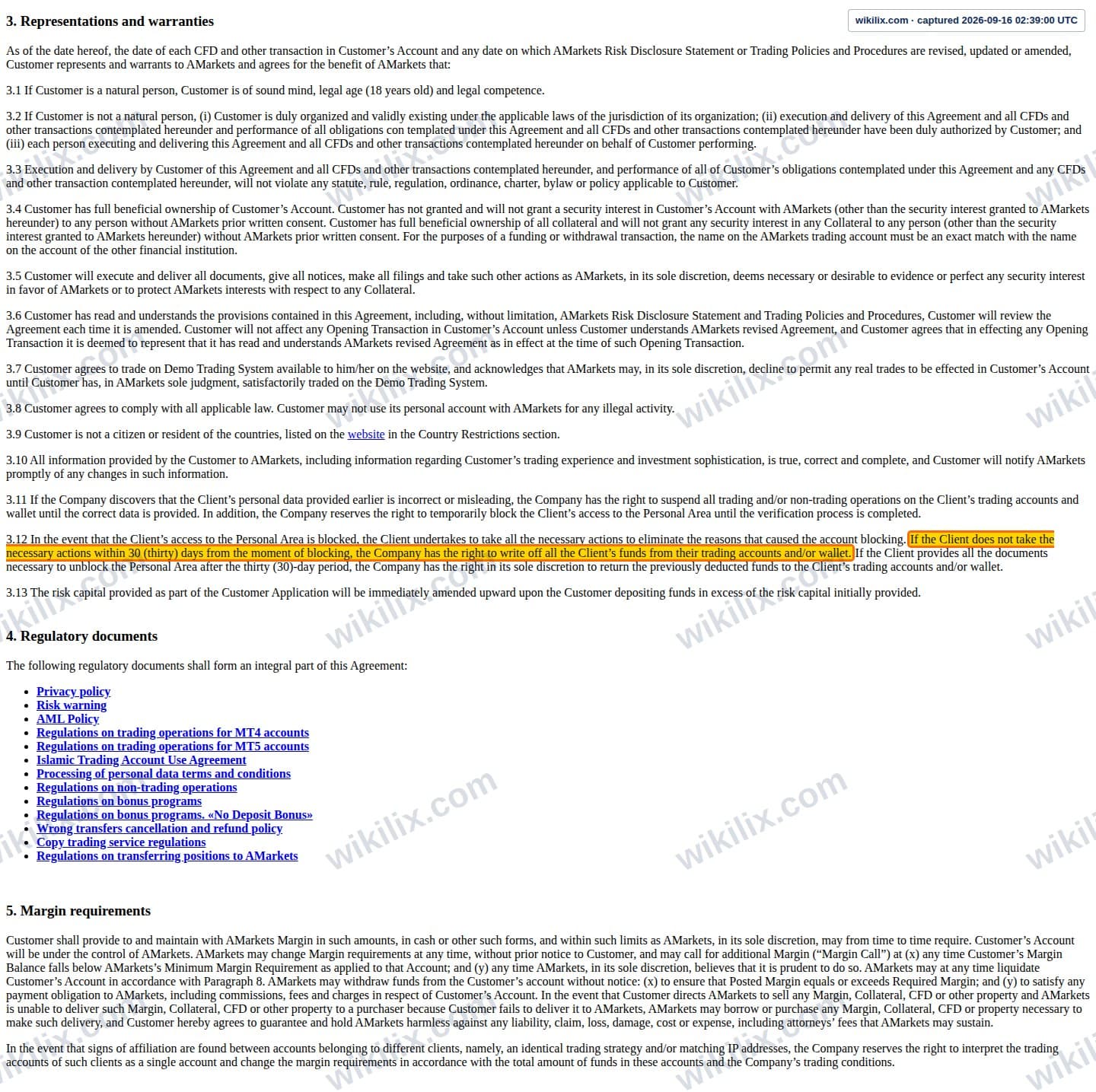 Our full page screenshot of the page this clause sits on, on AMarkets's site web.archive.org, taken on Sep 16, 2026. The quoted words are marked in the image.