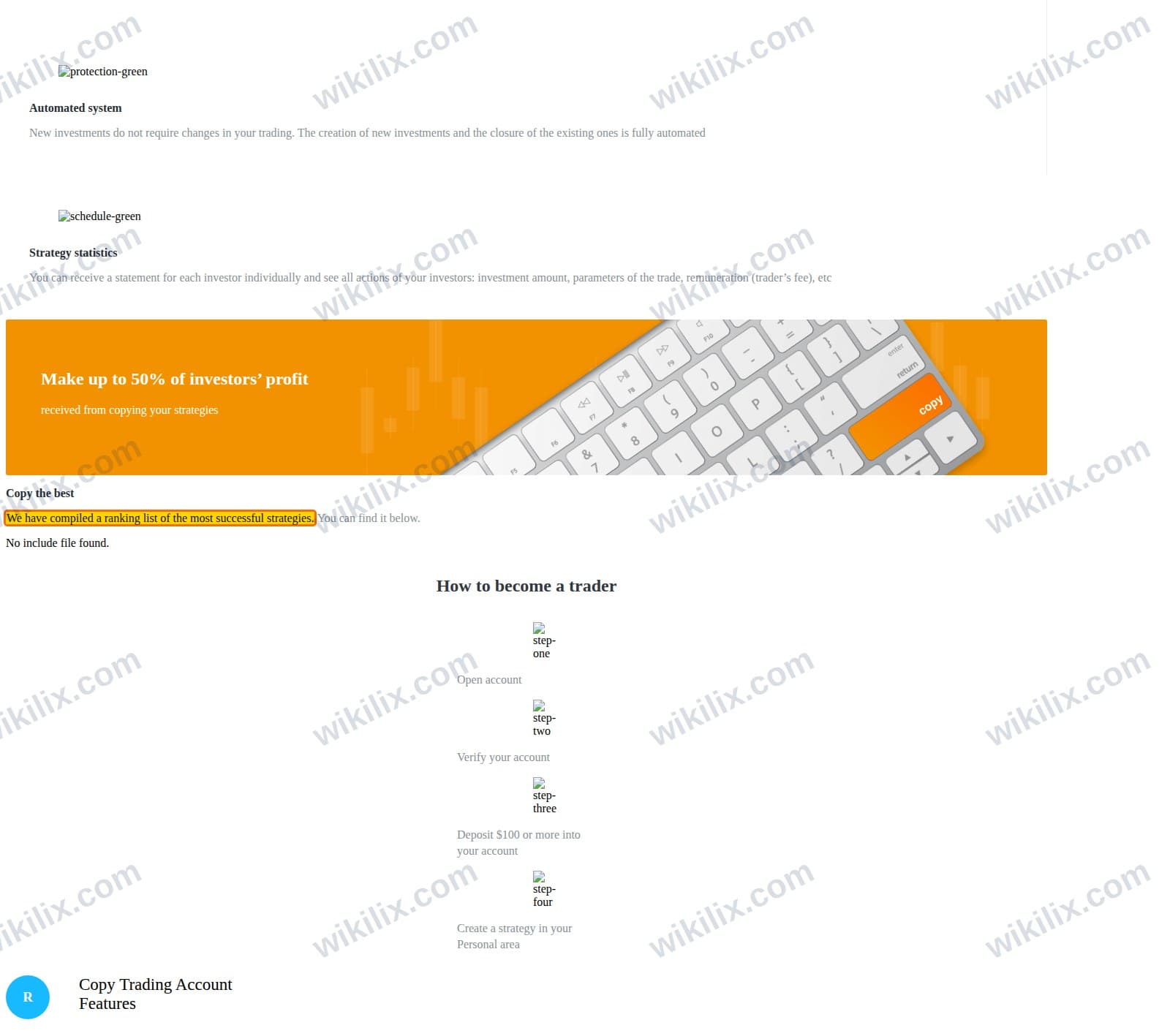 Our full page screenshot of the page that makes this promise, on AMarkets's site web.archive.org, taken on Sep 16, 2026. The quoted words are marked in the image.
