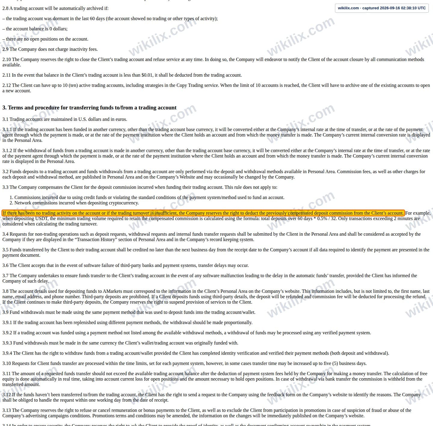 Our full page screenshot of the page this clause sits on, on AMarkets's site web.archive.org, taken on Sep 16, 2026. The quoted words are marked in the image.