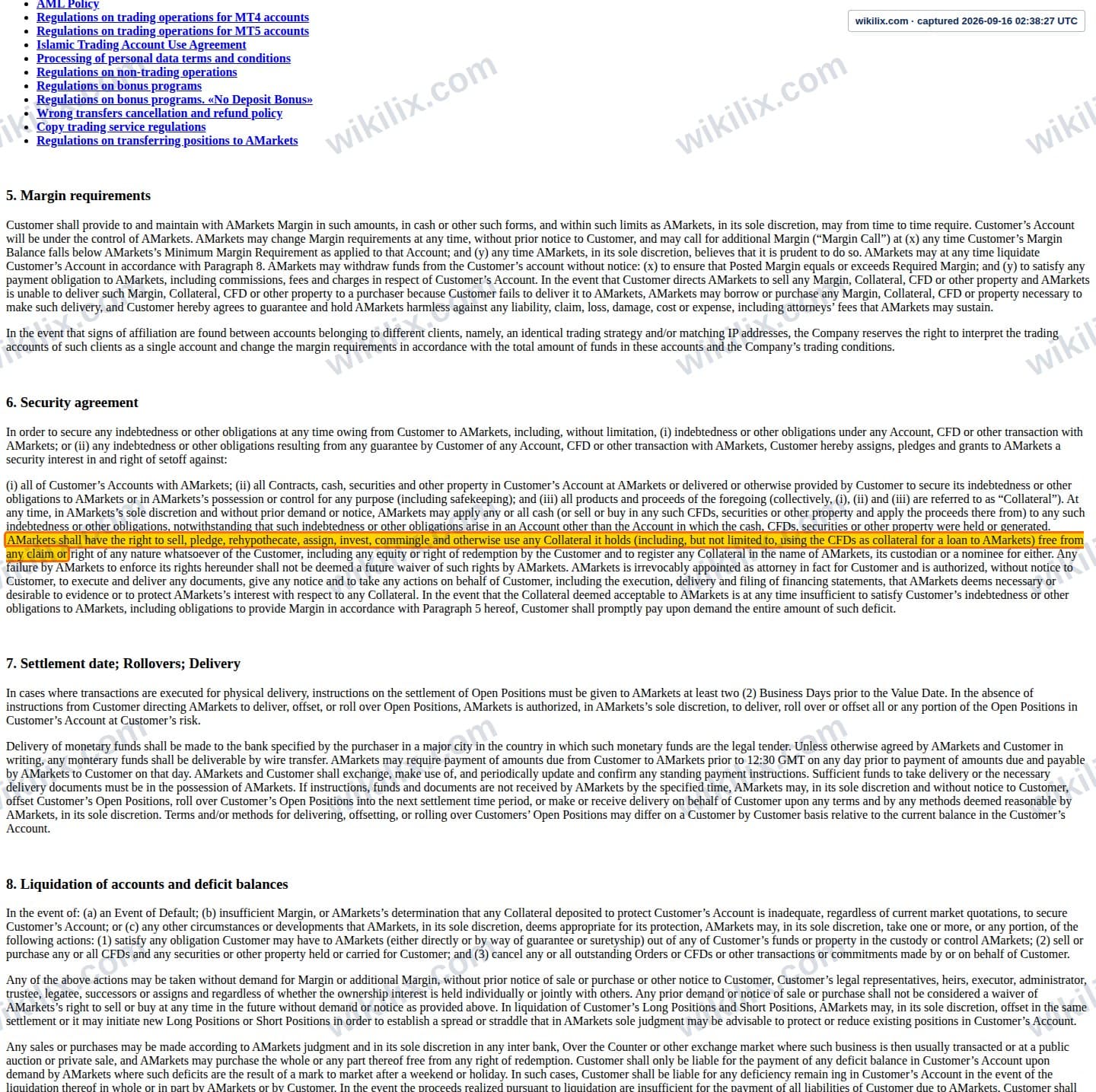 Our full page screenshot of the page this clause sits on, on AMarkets's site web.archive.org, taken on Sep 16, 2026. The quoted words are marked in the image.