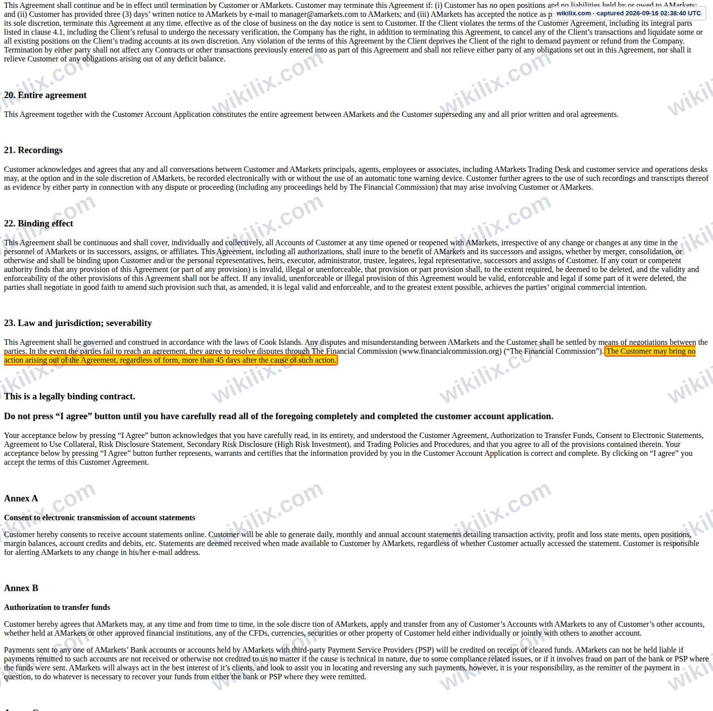 Our full page screenshot of the page this clause sits on, on AMarkets's site web.archive.org, taken on Sep 16, 2026. The quoted words are marked in the image.