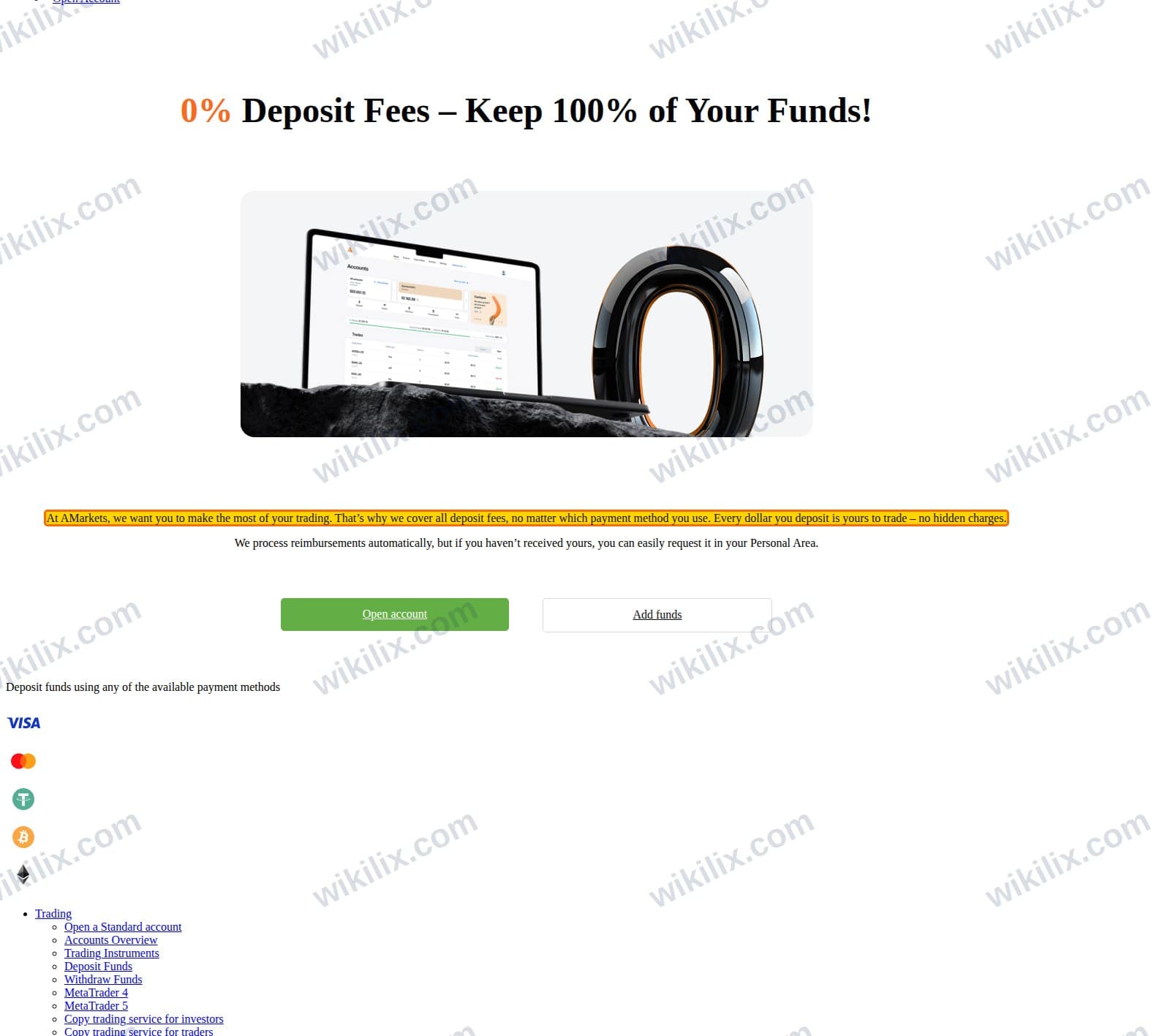 Our full page screenshot of the page that makes this promise, on AMarkets's site web.archive.org, taken on Sep 16, 2026. The quoted words are marked in the image.
