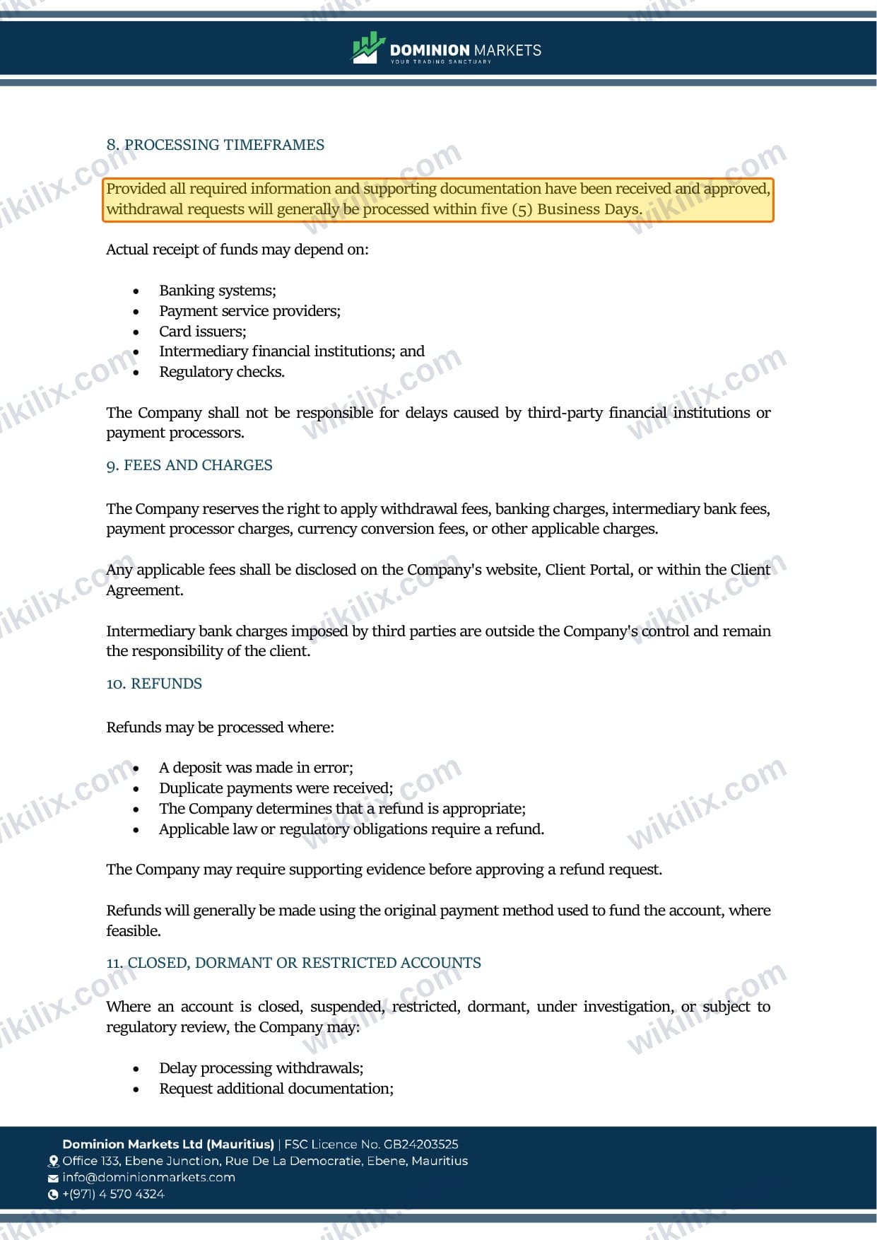 Our full page screenshot of the page this clause sits on, on DOMINION MARKETS's site dominionmarkets.com, taken on Sep 9, 2026. The quoted words are marked in the image.