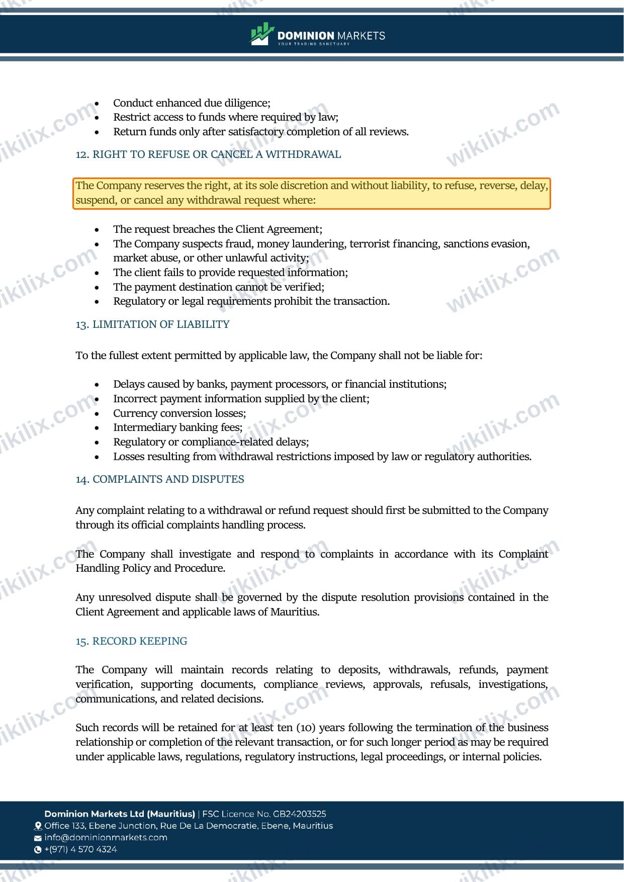 Our full page screenshot of the page this clause sits on, on DOMINION MARKETS's site dominionmarkets.com, taken on Sep 9, 2026. The quoted words are marked in the image.