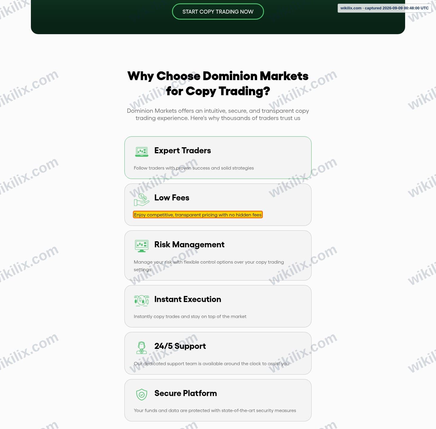 Our full page screenshot of the page that makes this promise, on DOMINION MARKETS's site dominionmarkets.com, taken on Sep 9, 2026. The quoted words are marked in the image.