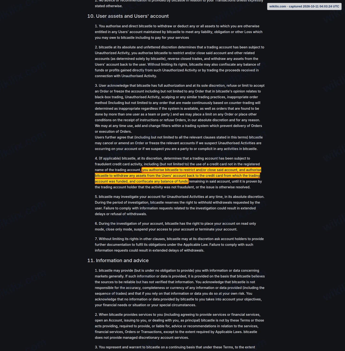 Our full page screenshot of the page this clause sits on, on bitcastleFX's site bitcastle.io, taken on Oct 11, 2026. The quoted words are marked in the image.