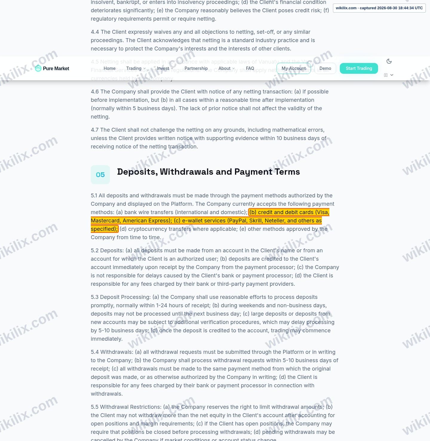 Our full page screenshot of the page this clause sits on, on GT MARKETS's site puremarketbroker.com, taken on Aug 30, 2026. The quoted words are marked in the image.