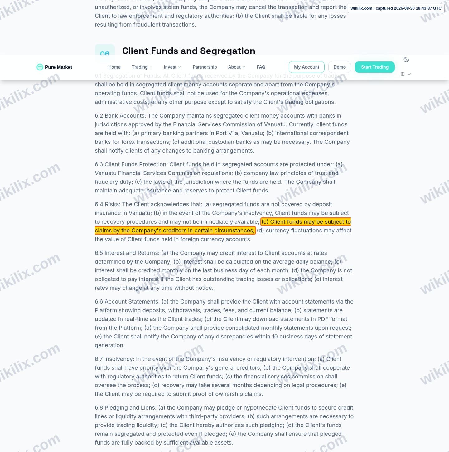 Our full page screenshot of the page this clause sits on, on GT MARKETS's site puremarketbroker.com, taken on Aug 30, 2026. The quoted words are marked in the image.