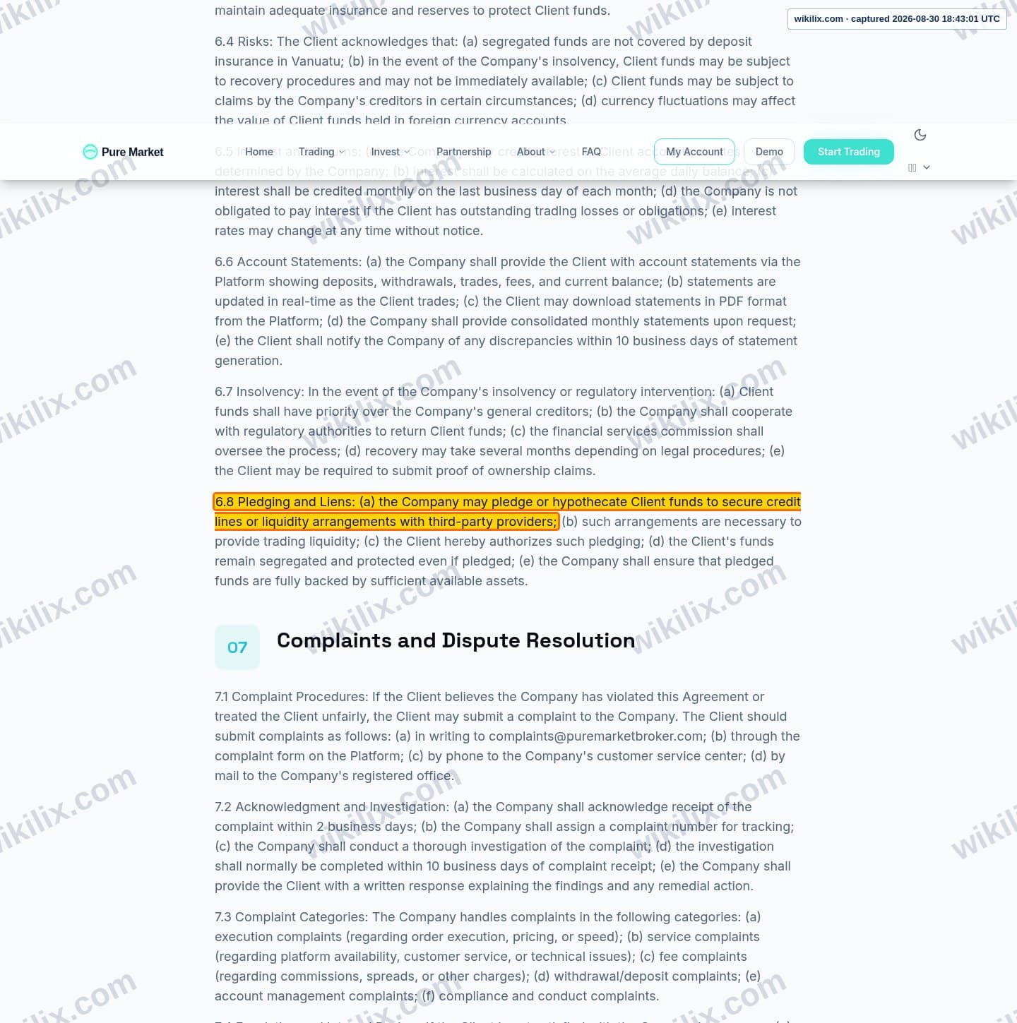 Our full page screenshot of the page this clause sits on, on GT MARKETS's site puremarketbroker.com, taken on Aug 30, 2026. The quoted words are marked in the image.