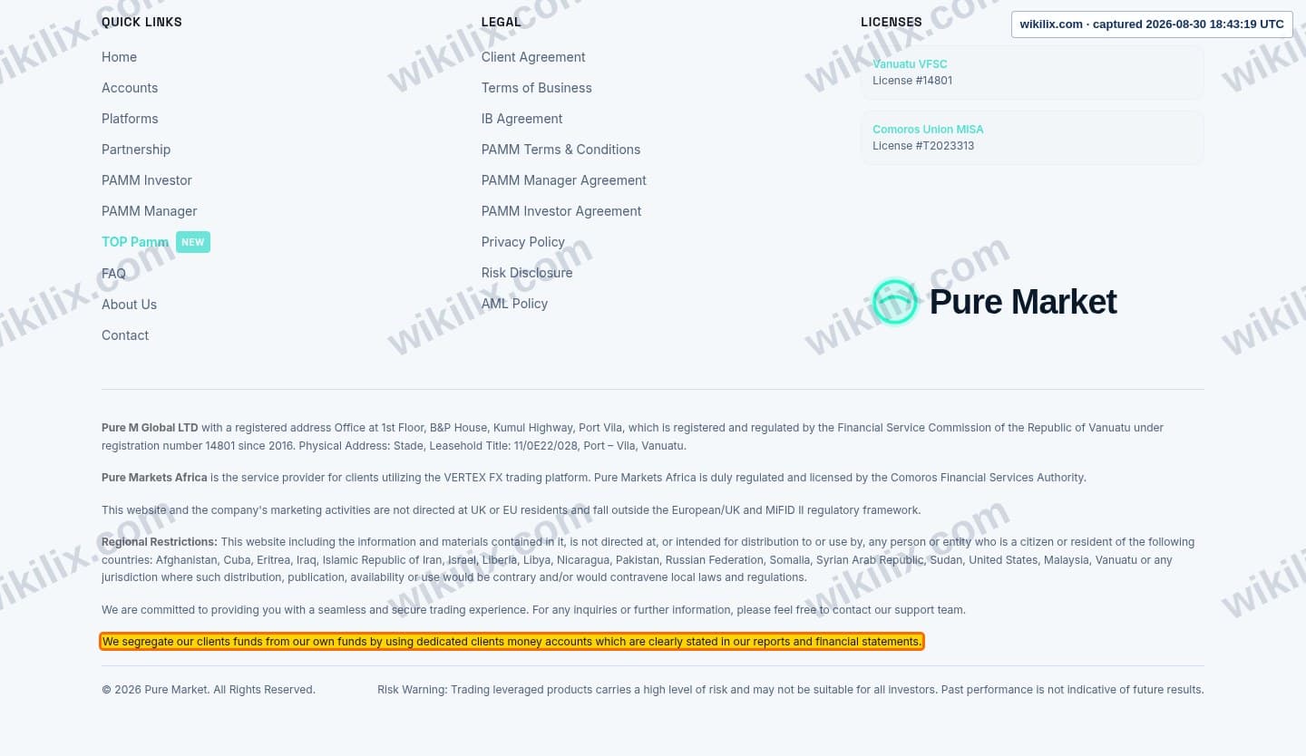 Our full page screenshot of the page that makes this promise, on GT MARKETS's site puremarketbroker.com, taken on Aug 30, 2026. The quoted words are marked in the image.