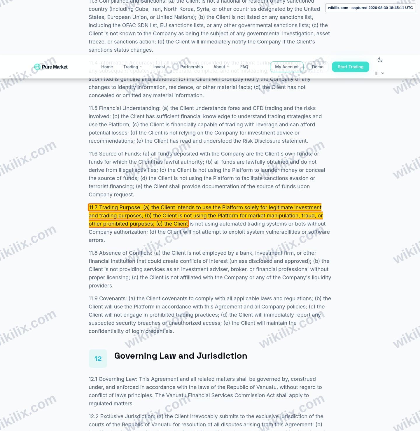 Our full page screenshot of the page this clause sits on, on GT MARKETS's site puremarketbroker.com, taken on Aug 30, 2026. The quoted words are marked in the image.