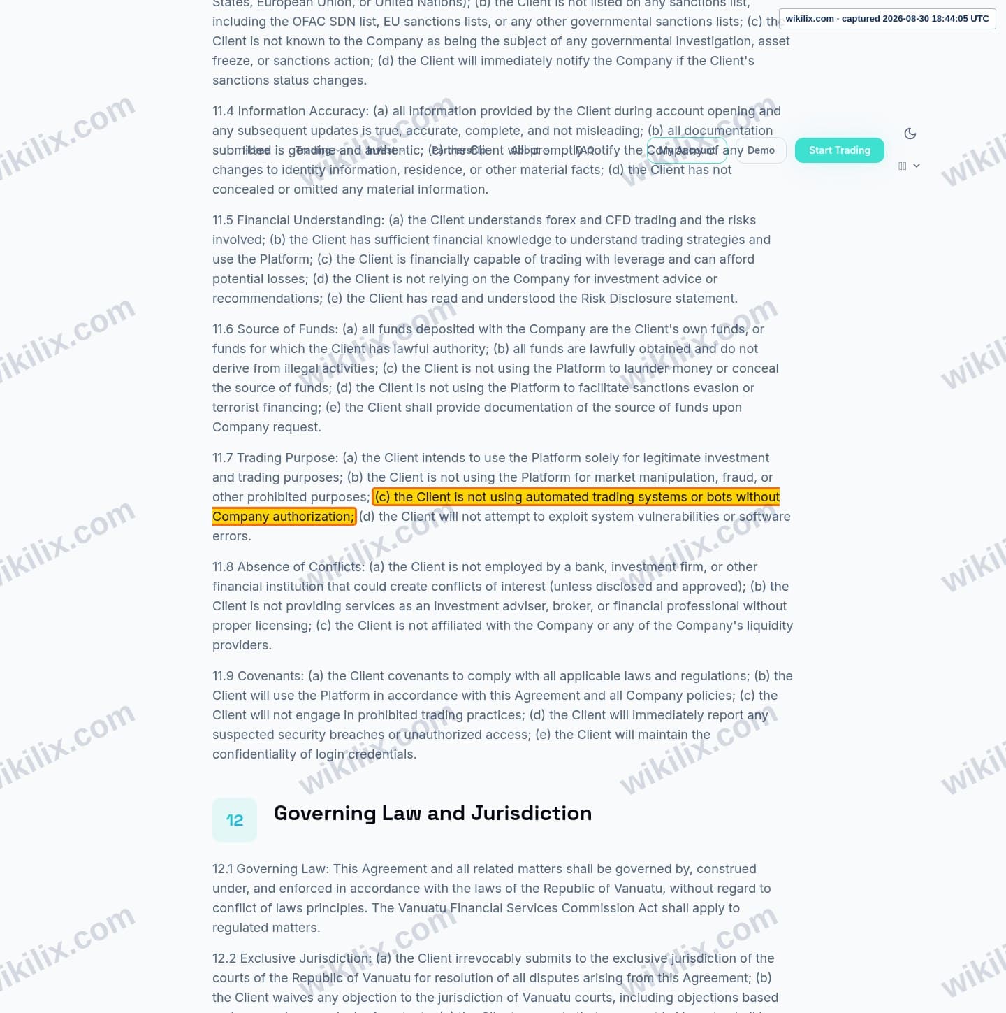 Our full page screenshot of the page this clause sits on, on GT MARKETS's site puremarketbroker.com, taken on Aug 30, 2026. The quoted words are marked in the image.
