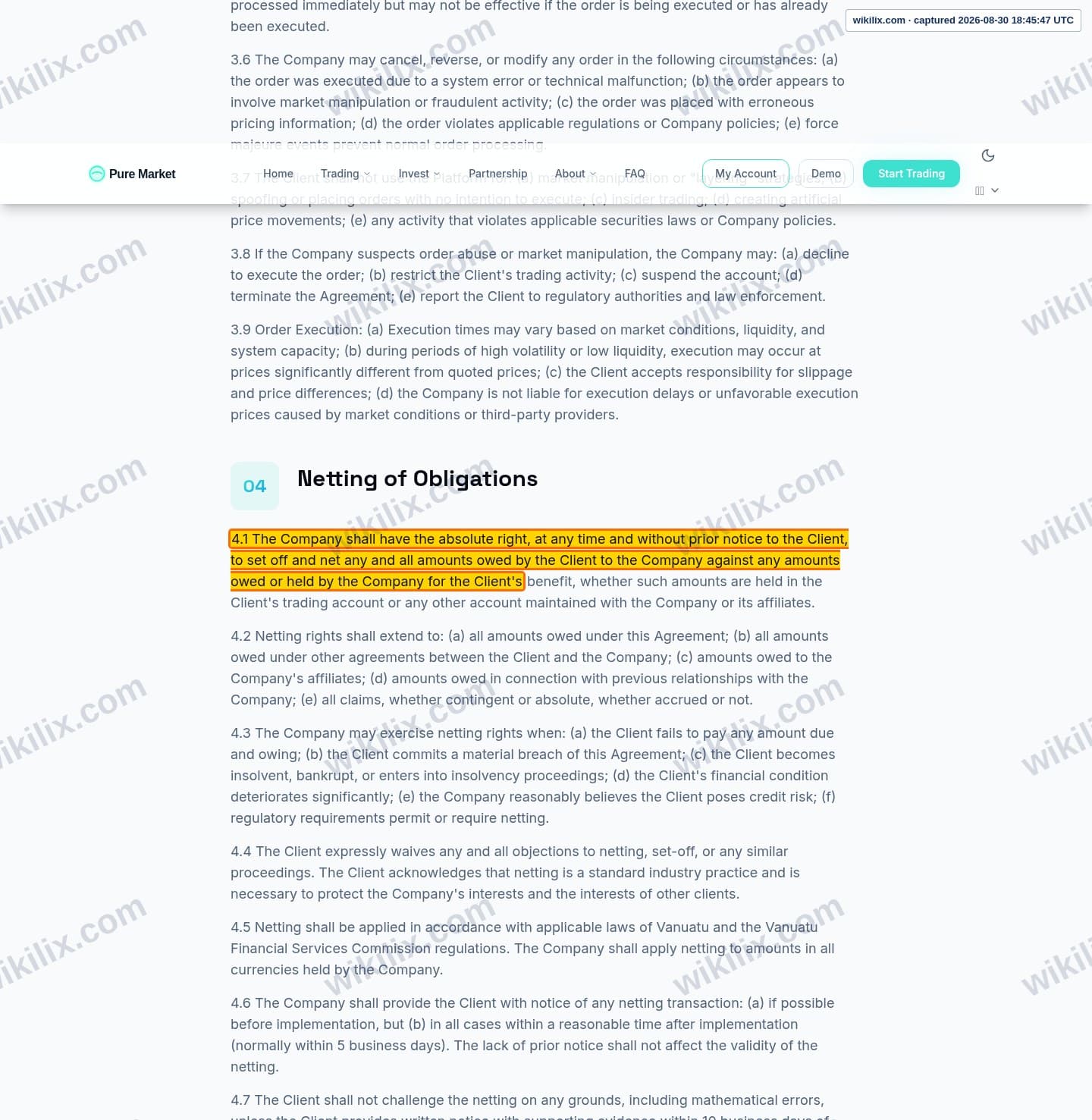 Our full page screenshot of the page this clause sits on, on GT MARKETS's site puremarketbroker.com, taken on Aug 30, 2026. The quoted words are marked in the image.