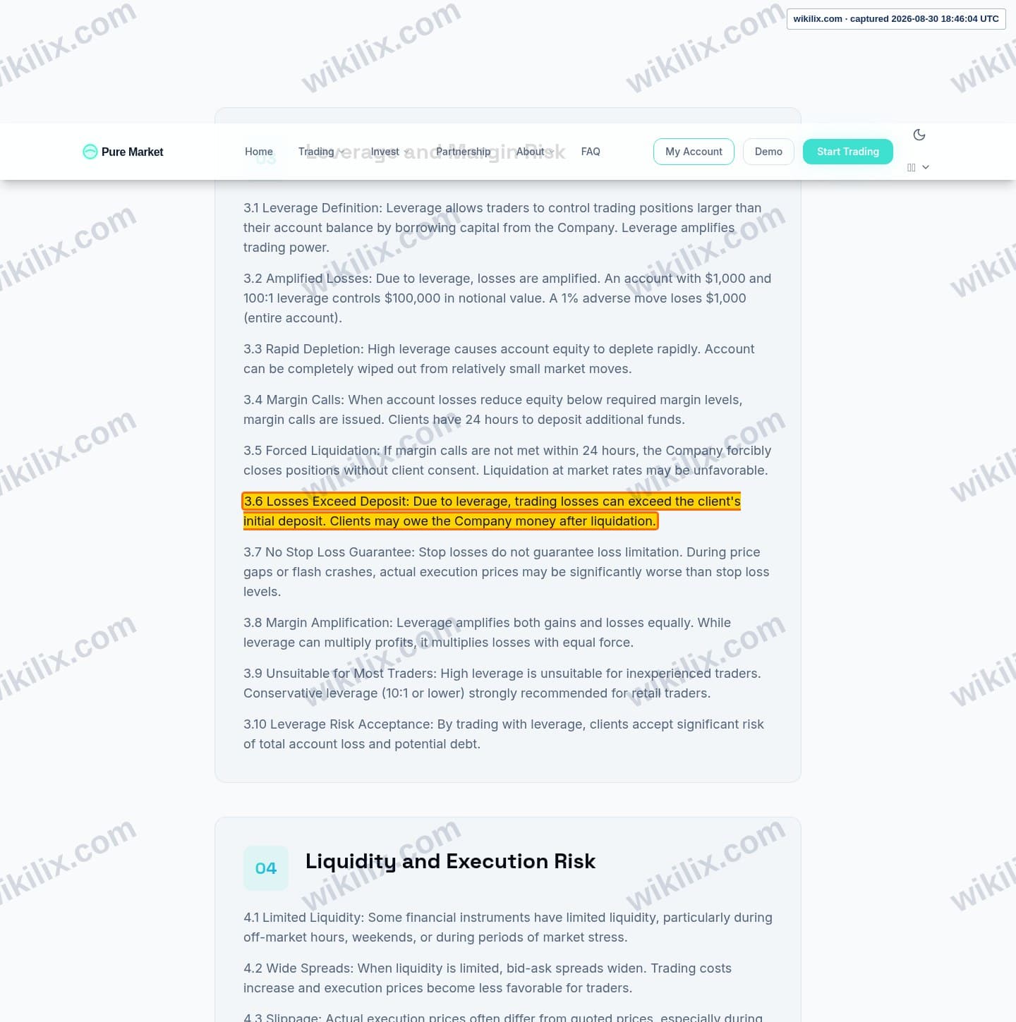 Our full page screenshot of the page this clause sits on, on GT MARKETS's site puremarketbroker.com, taken on Aug 30, 2026. The quoted words are marked in the image.