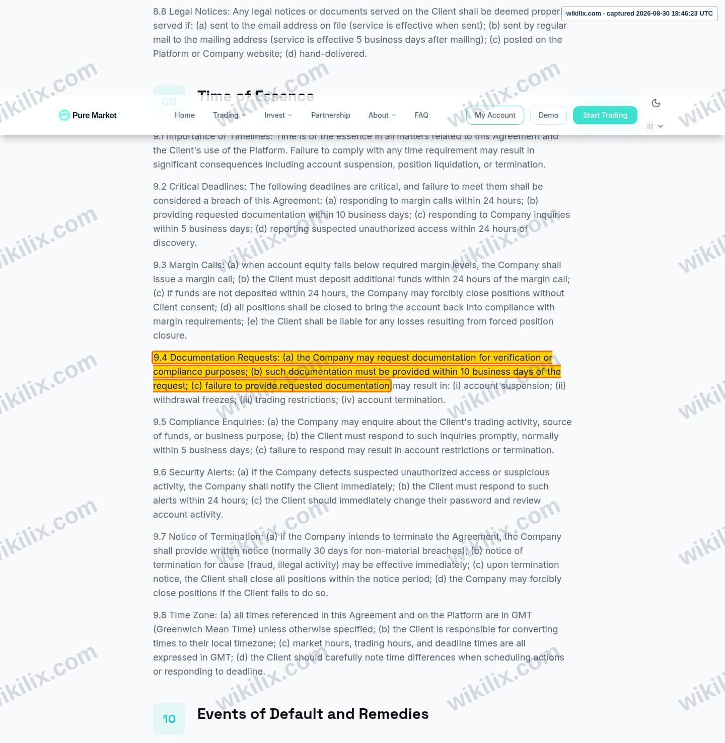 Our full page screenshot of the page this clause sits on, on GT MARKETS's site puremarketbroker.com, taken on Aug 30, 2026. The quoted words are marked in the image.
