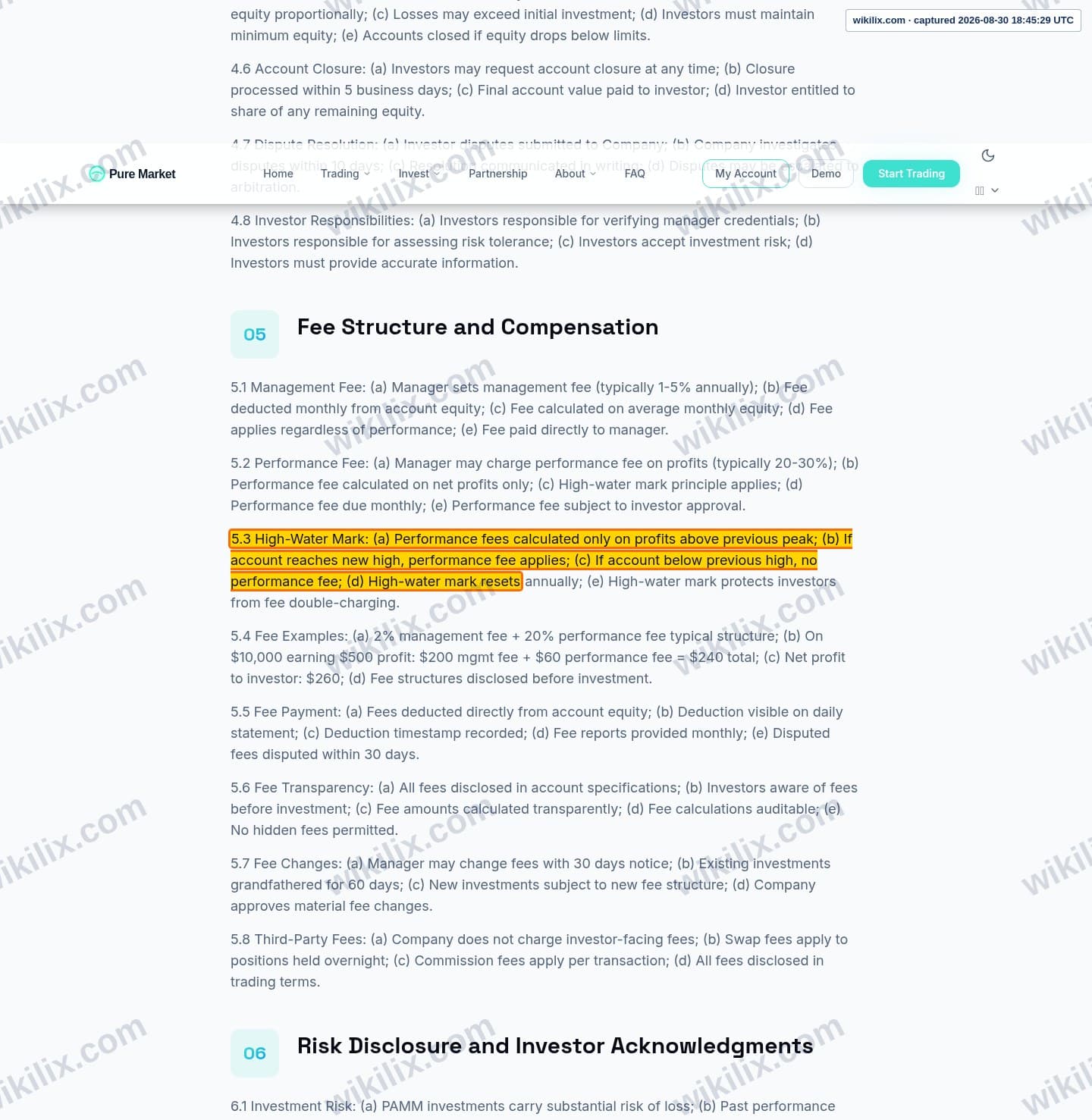 Our full page screenshot of the page this clause sits on, on GT MARKETS's site puremarketbroker.com, taken on Aug 30, 2026. The quoted words are marked in the image.