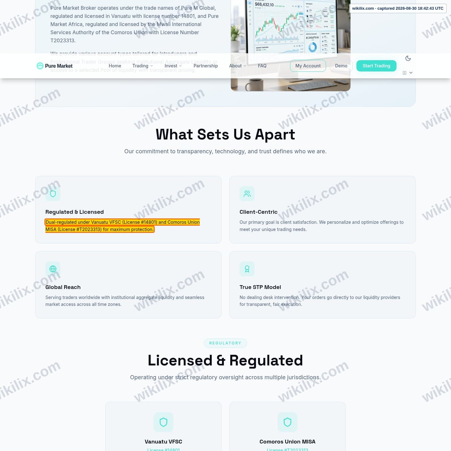 Our full page screenshot of the page that makes this promise, on GT MARKETS's site puremarketbroker.com, taken on Aug 30, 2026. The quoted words are marked in the image.