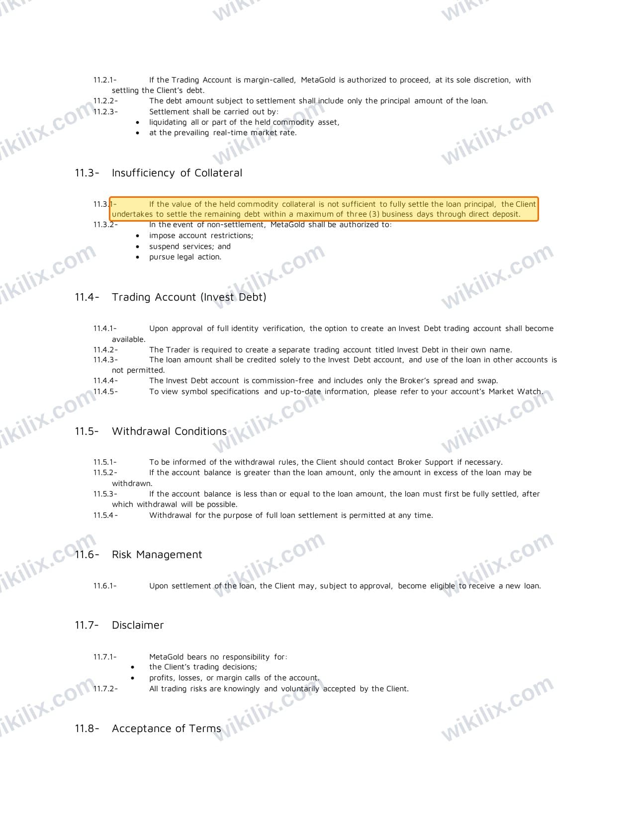 Our full page screenshot of the page this clause sits on, on METAGOLD's site fxmetagold.com, taken on Sep 14, 2026. The quoted words are marked in the image.