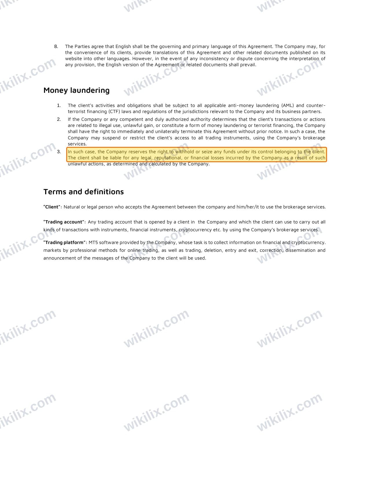 Our full page screenshot of the page this clause sits on, on METAGOLD's site fxmetagold.com, taken on Sep 14, 2026. The quoted words are marked in the image.