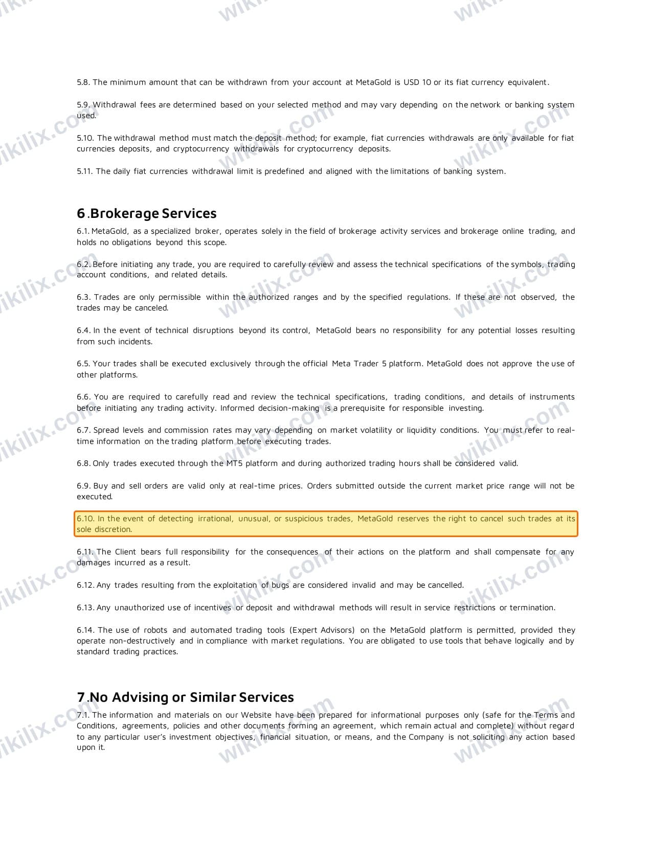 Our full page screenshot of the page this clause sits on, on METAGOLD's site fxmetagold.com, taken on Sep 14, 2026. The quoted words are marked in the image.