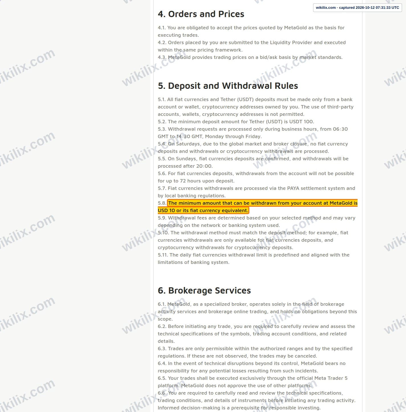 Our full page screenshot of the page that makes this promise, on METAGOLD's site fxmetagold.com, taken on Oct 12, 2026. The quoted words are marked in the image.