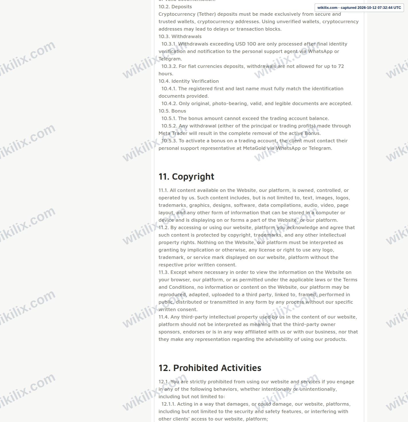 Our full page screenshot of the page this quotation was taken from, on METAGOLD's site fxmetagold.com, taken on Oct 12, 2026. The quoted words are not marked in the image.