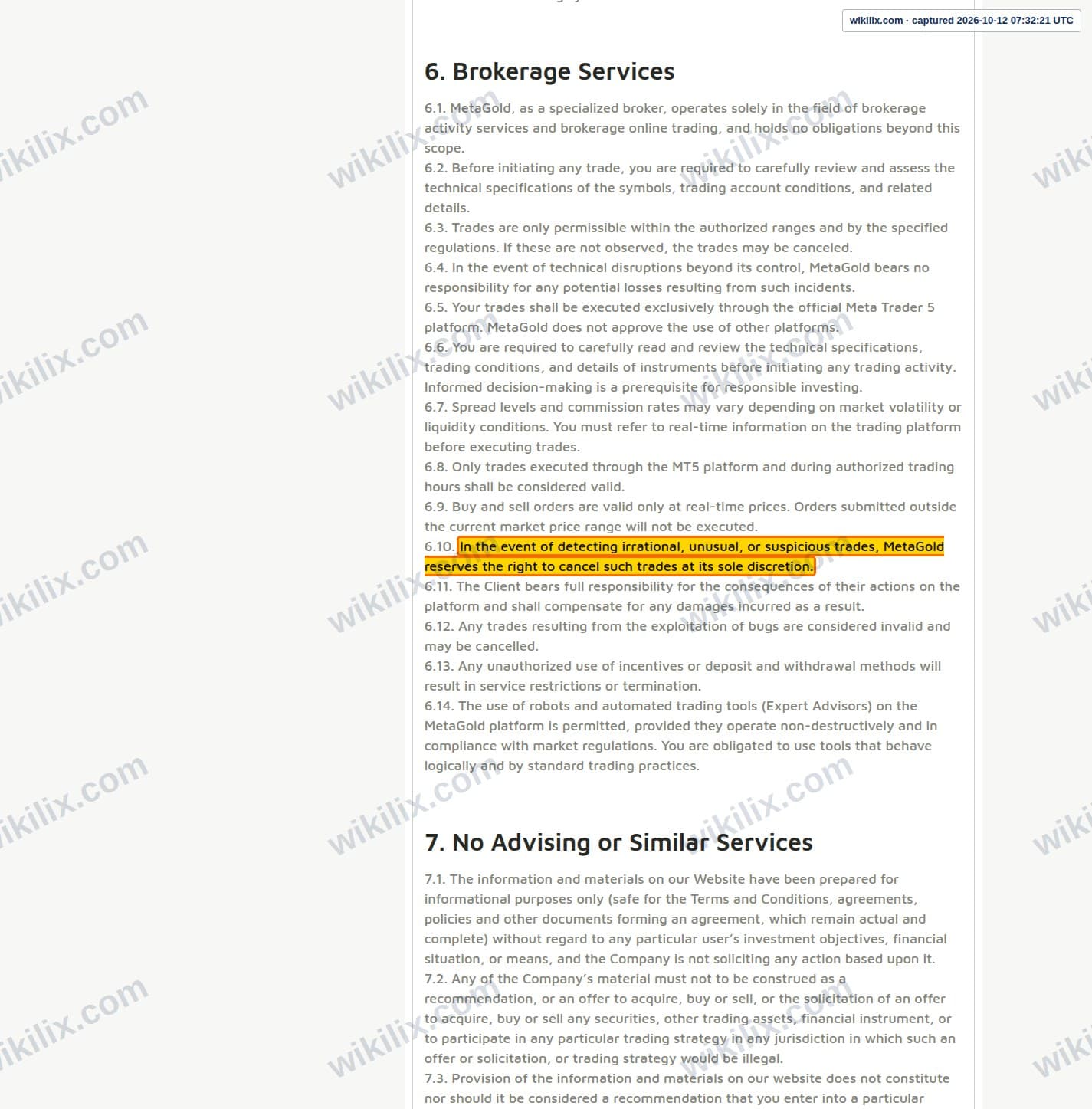 Our full page screenshot of the page this clause sits on, on METAGOLD's site fxmetagold.com, taken on Oct 12, 2026. The quoted words are marked in the image.