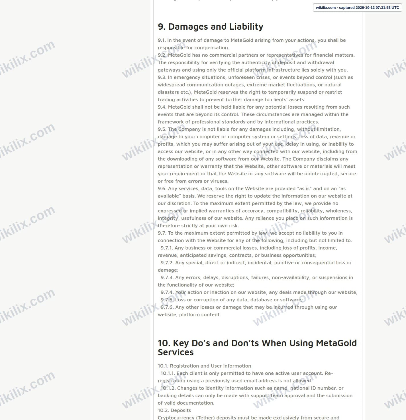 Our full page screenshot of the page this quotation was taken from, on METAGOLD's site fxmetagold.com, taken on Oct 12, 2026. The quoted words are not marked in the image.