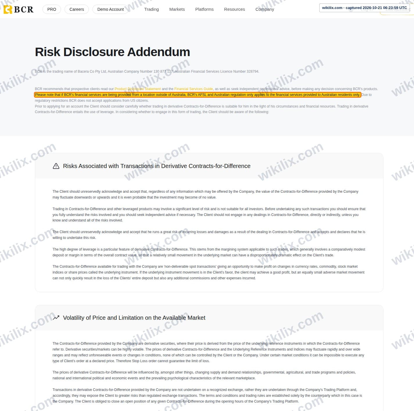 Our full page screenshot of the page this clause sits on, on BCR's site au.thebcr.com, taken on Oct 21, 2026. The quoted words are marked in the image.