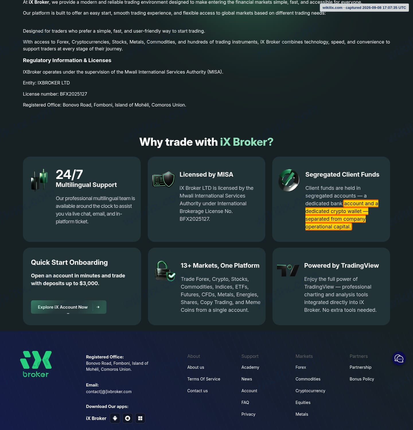 Our full page screenshot of the page that makes this promise, on iXBROKER's site ixbroker.com, taken on Sep 8, 2026. The quoted words are marked in the image.