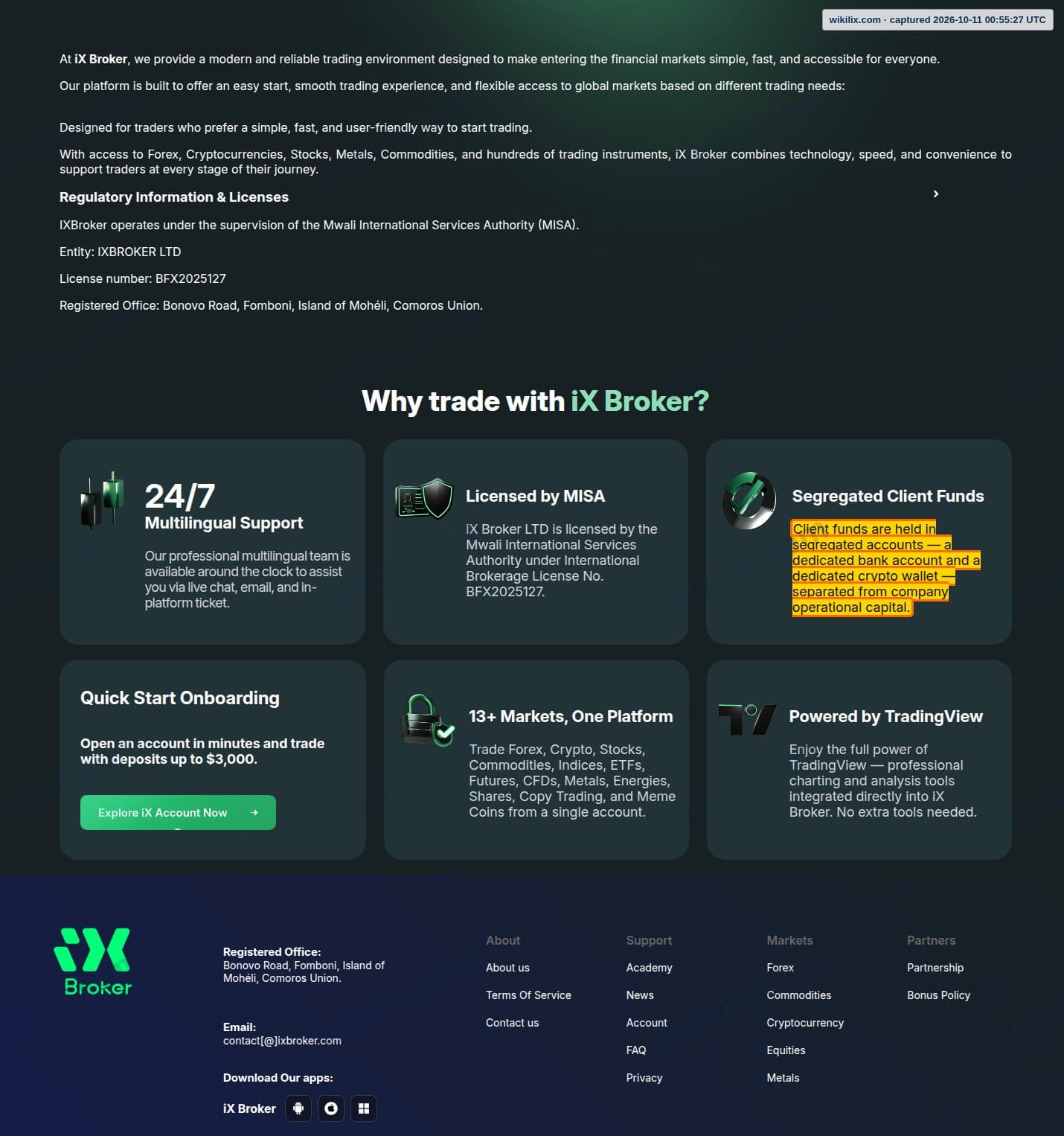 Our full page screenshot of the page that makes this promise, on iXBROKER's site ixbroker.com, taken on Oct 11, 2026. The quoted words are marked in the image.